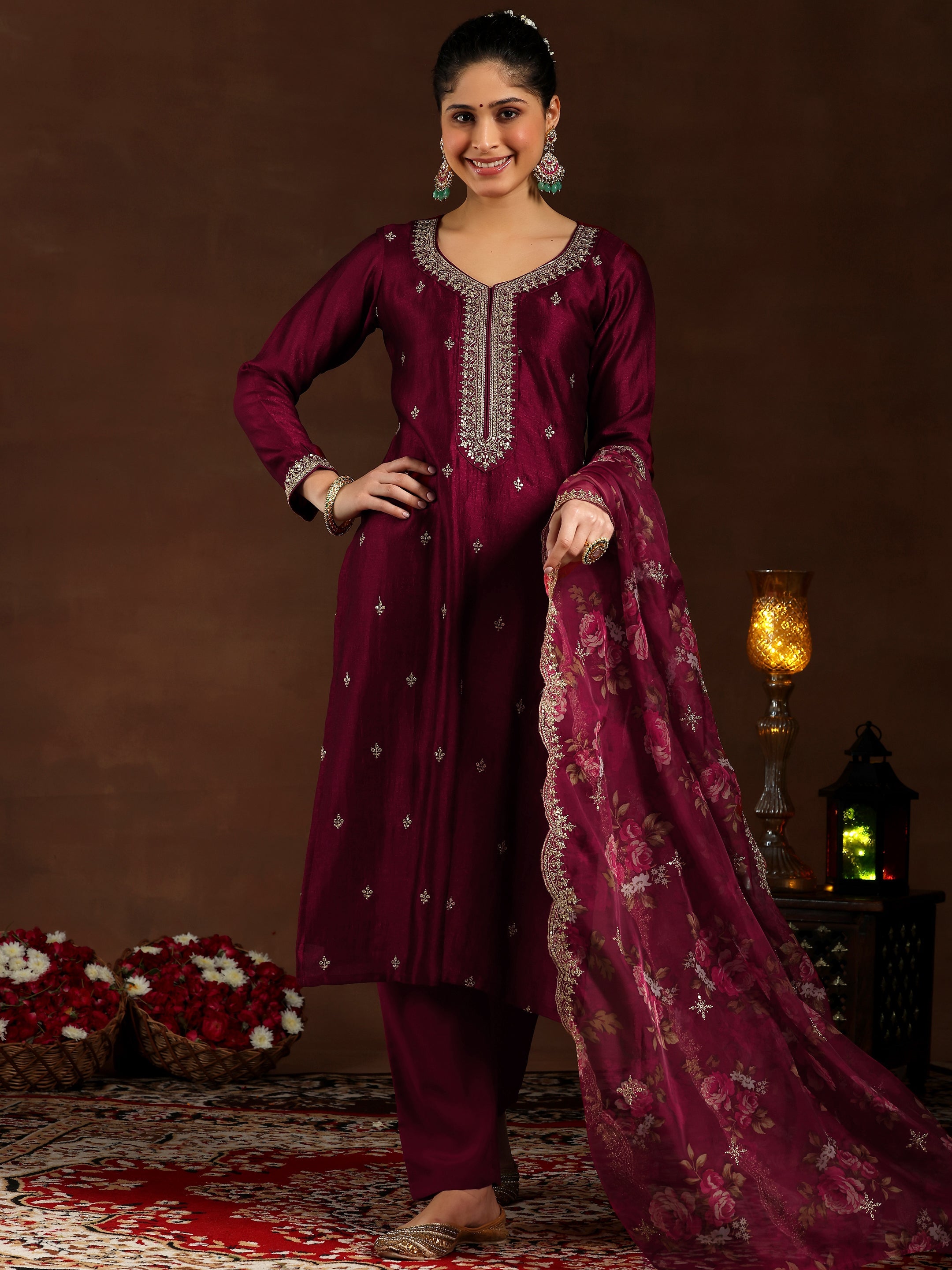 Maroon Embroidered Silk Blend Straight Suit With Dupatta