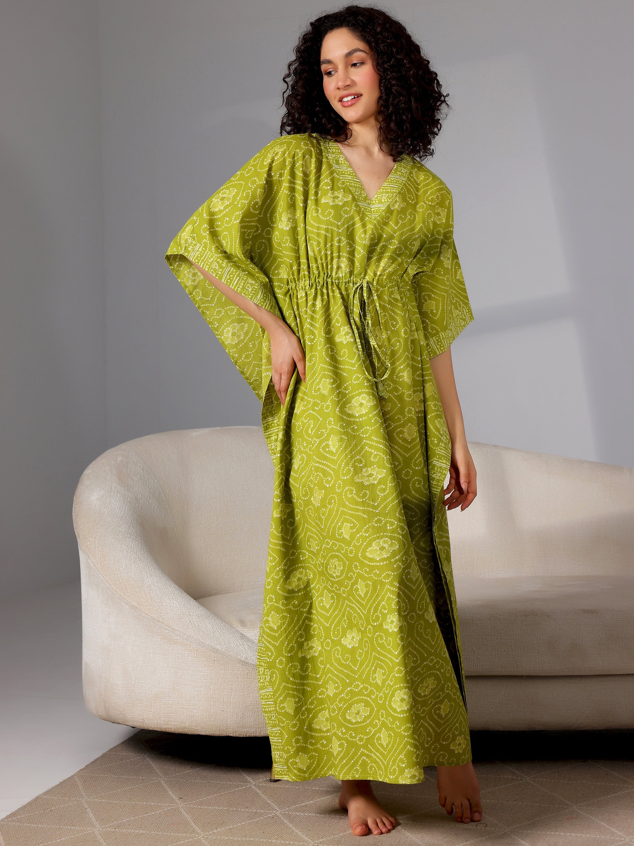 Green Printed Cotton Kaftan Night Dress