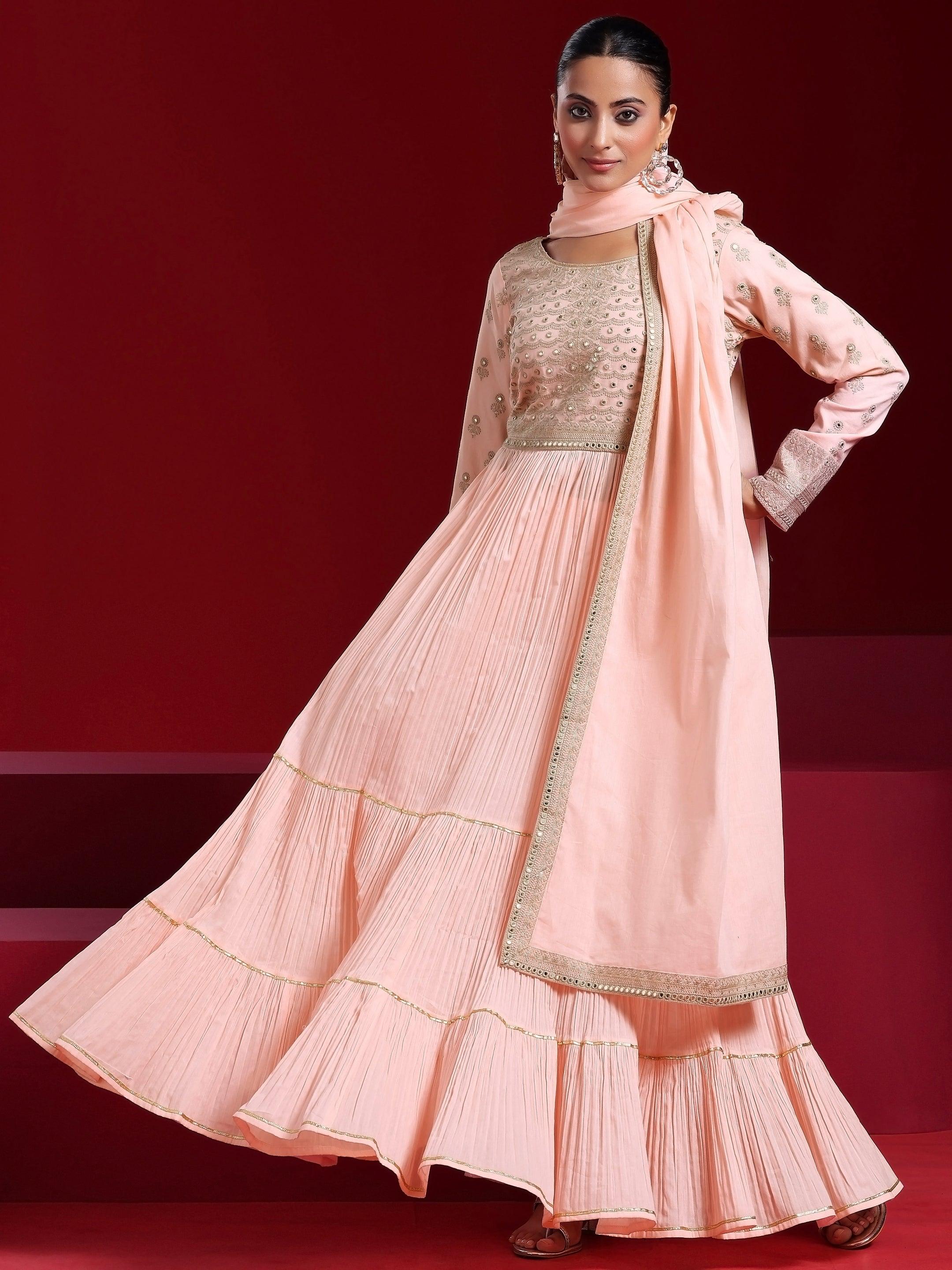 Libas Art Peach Embroidered Cotton Blend A-Line Kurta With Sharara & Dupatta