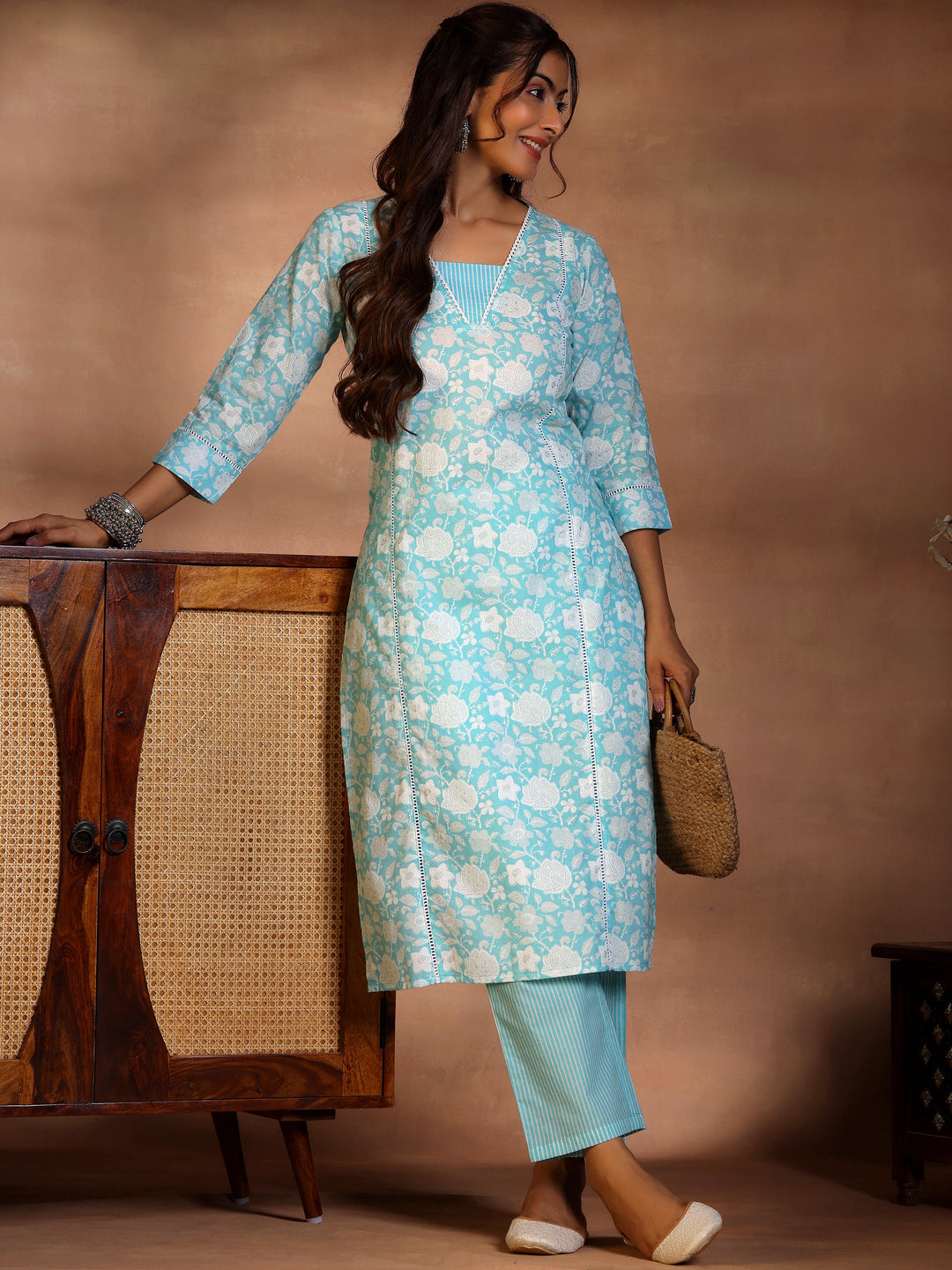 Blue Printed Cotton Straight Kurta Set