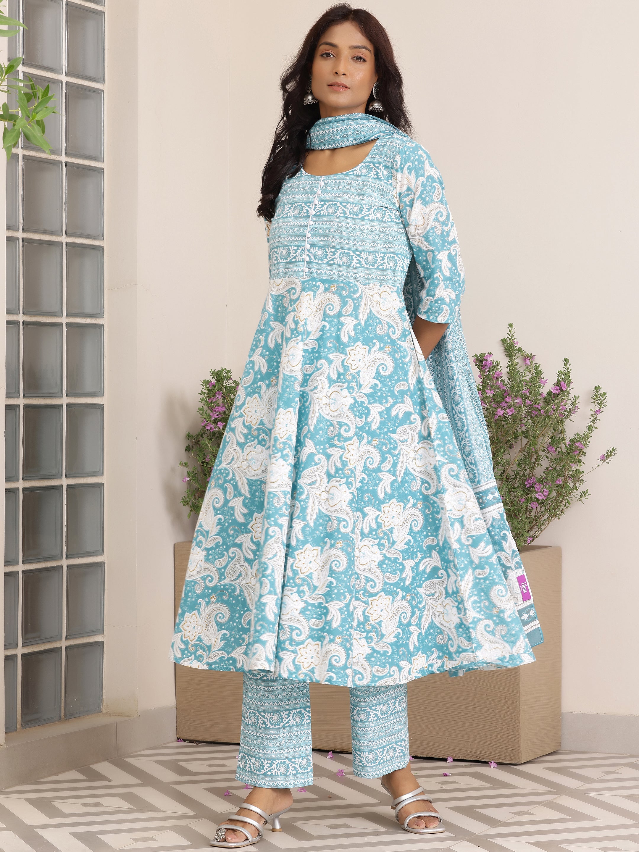 Blue Printed Cotton Anarkali Suit With Dupatta