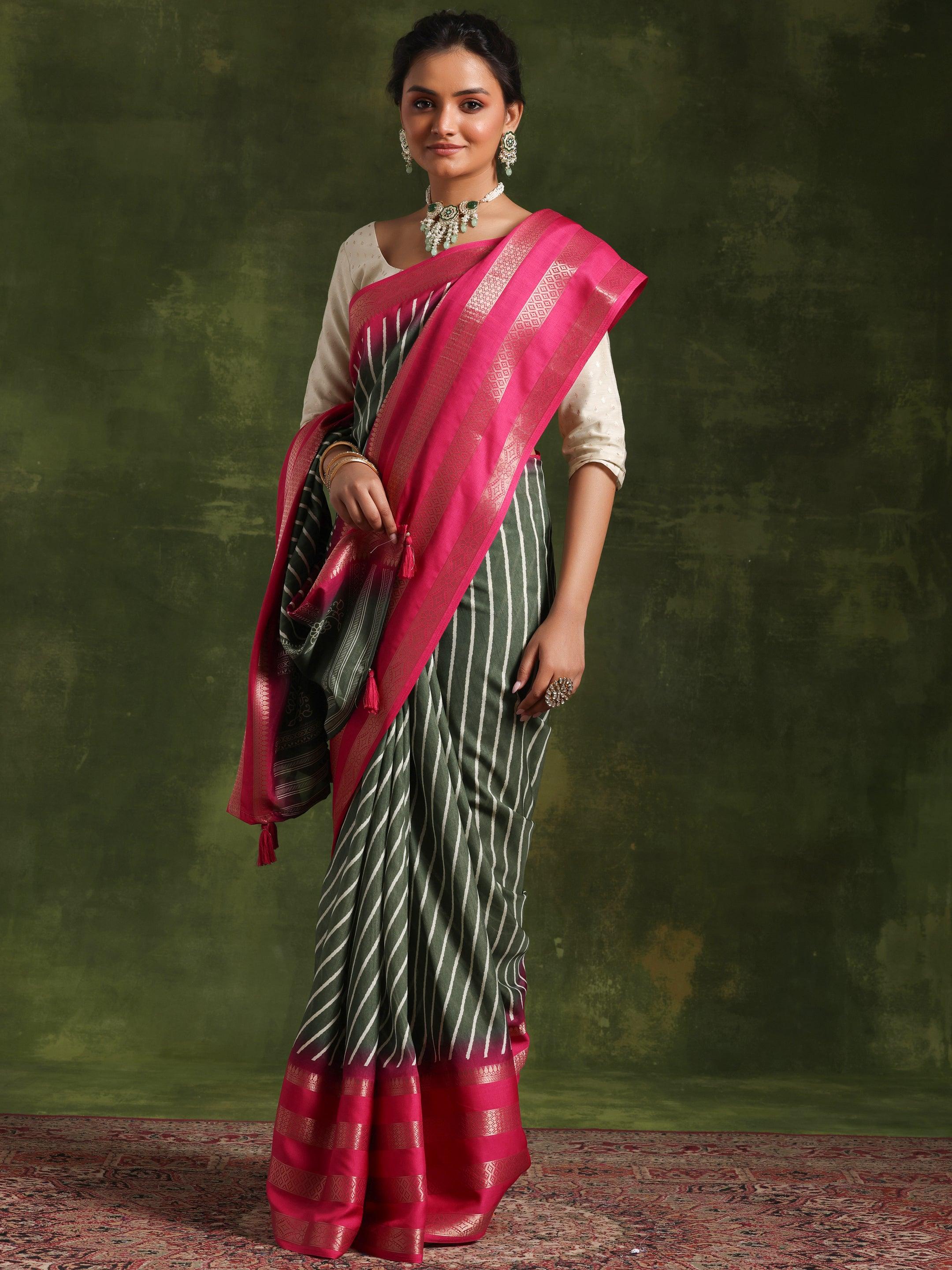 Green Printed Silk Blend Saree With Unstitched Blouse Piece