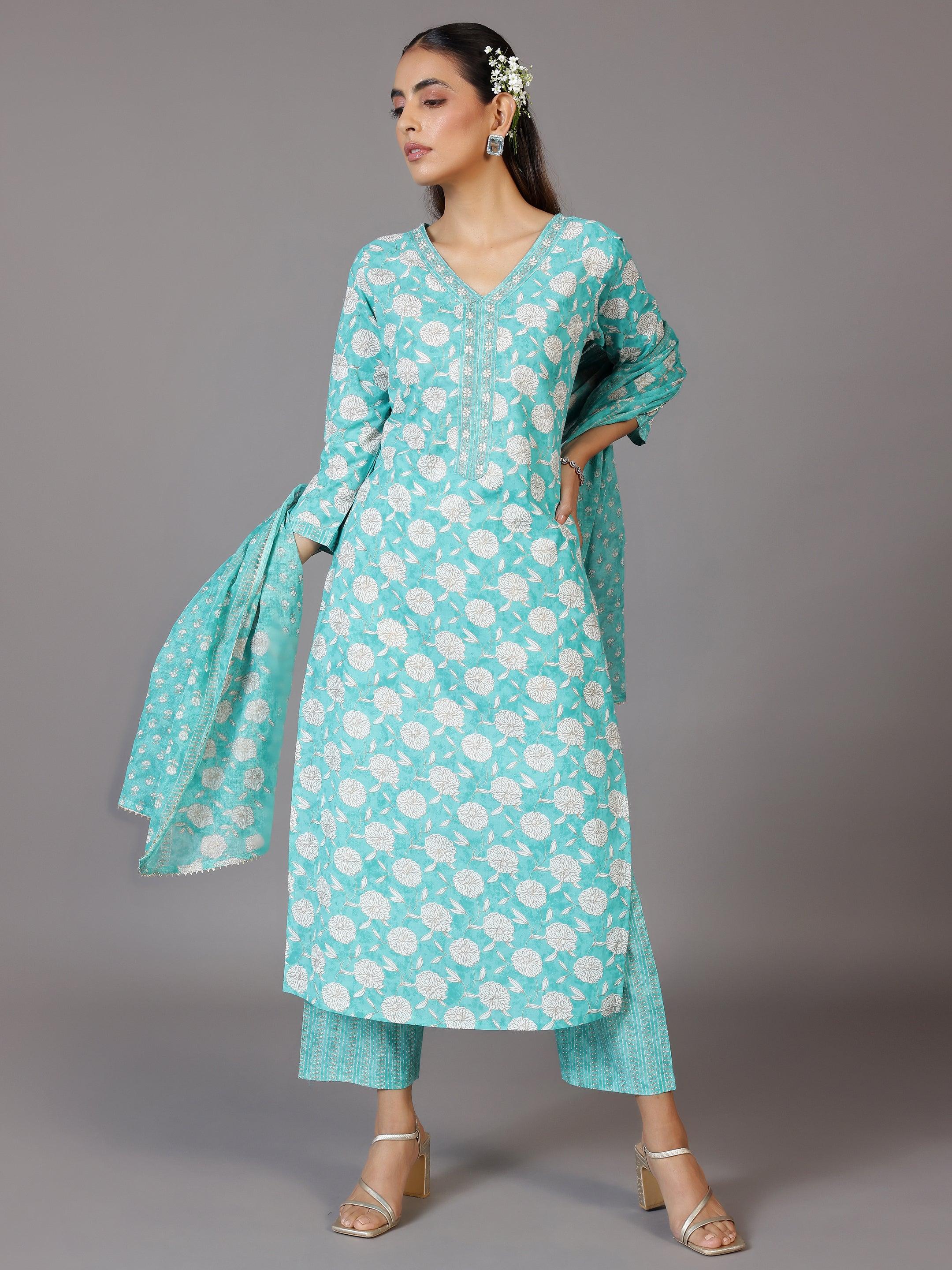 Turquoise Printed Cotton Straight Suit With Dupatta