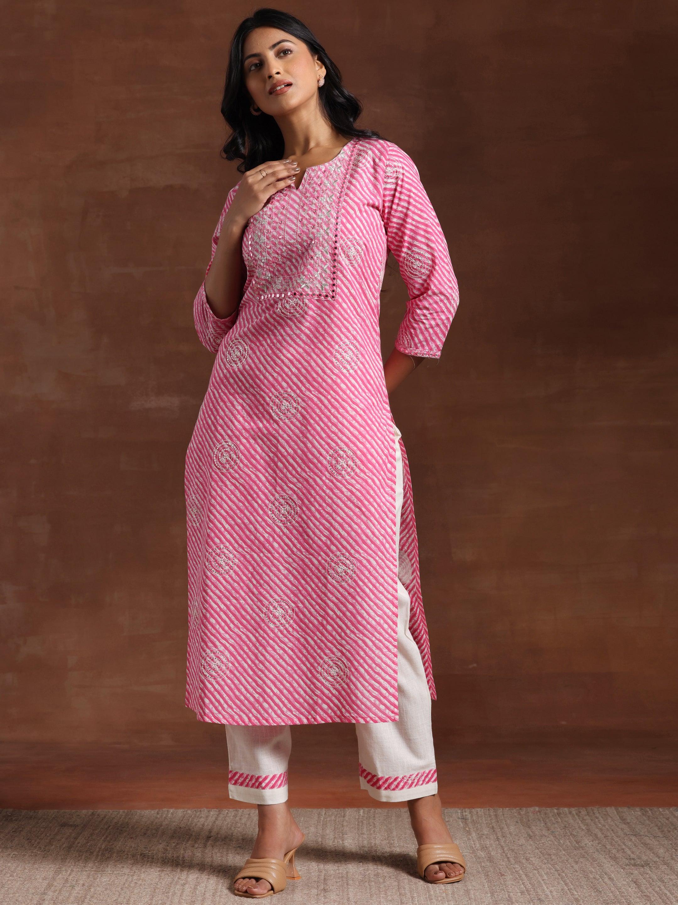 Pink Printed Cotton Straight Kurta Set