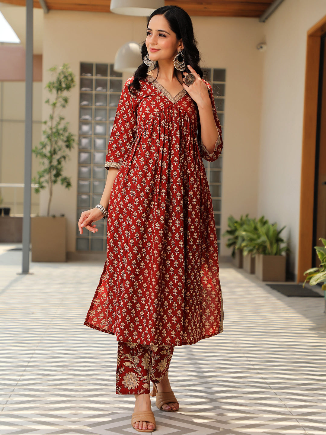 Rust Printed Cotton A-Line Kurta With Palazzos