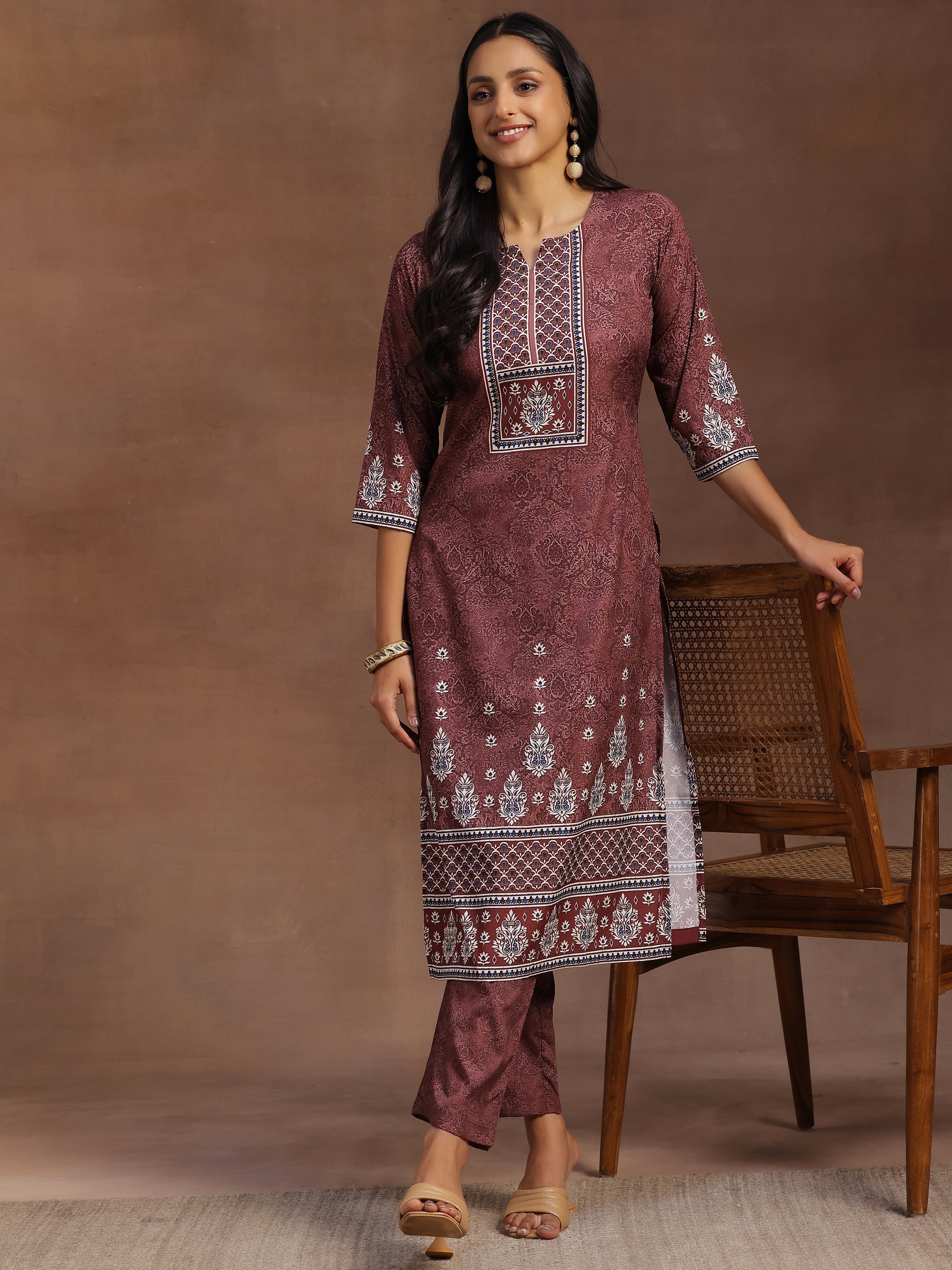 Brown Printed Poly Crepe Straight Kurta With Trousers