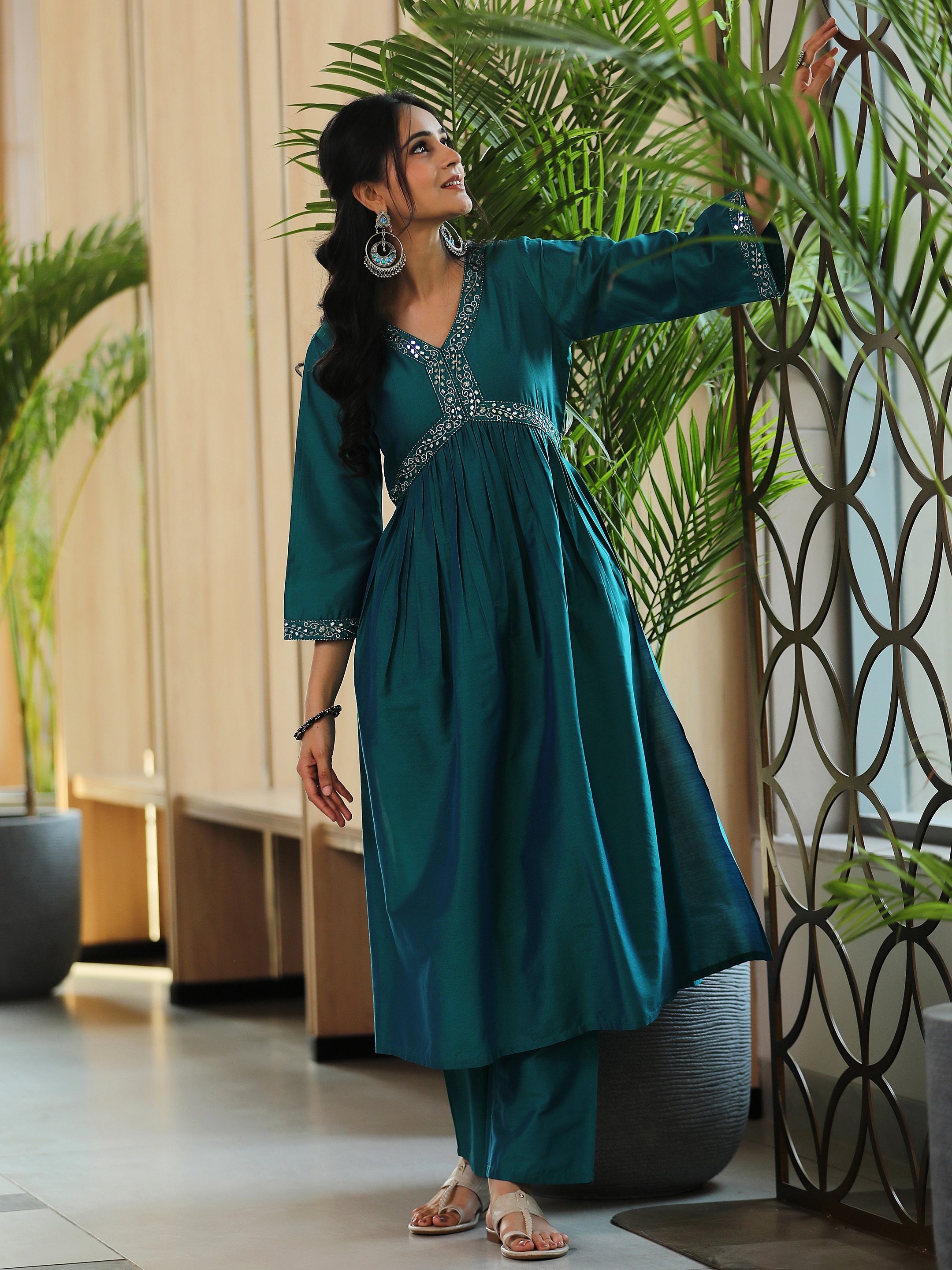 Teal Blue Solid Silk Blend A-Line Kurta With Trousers