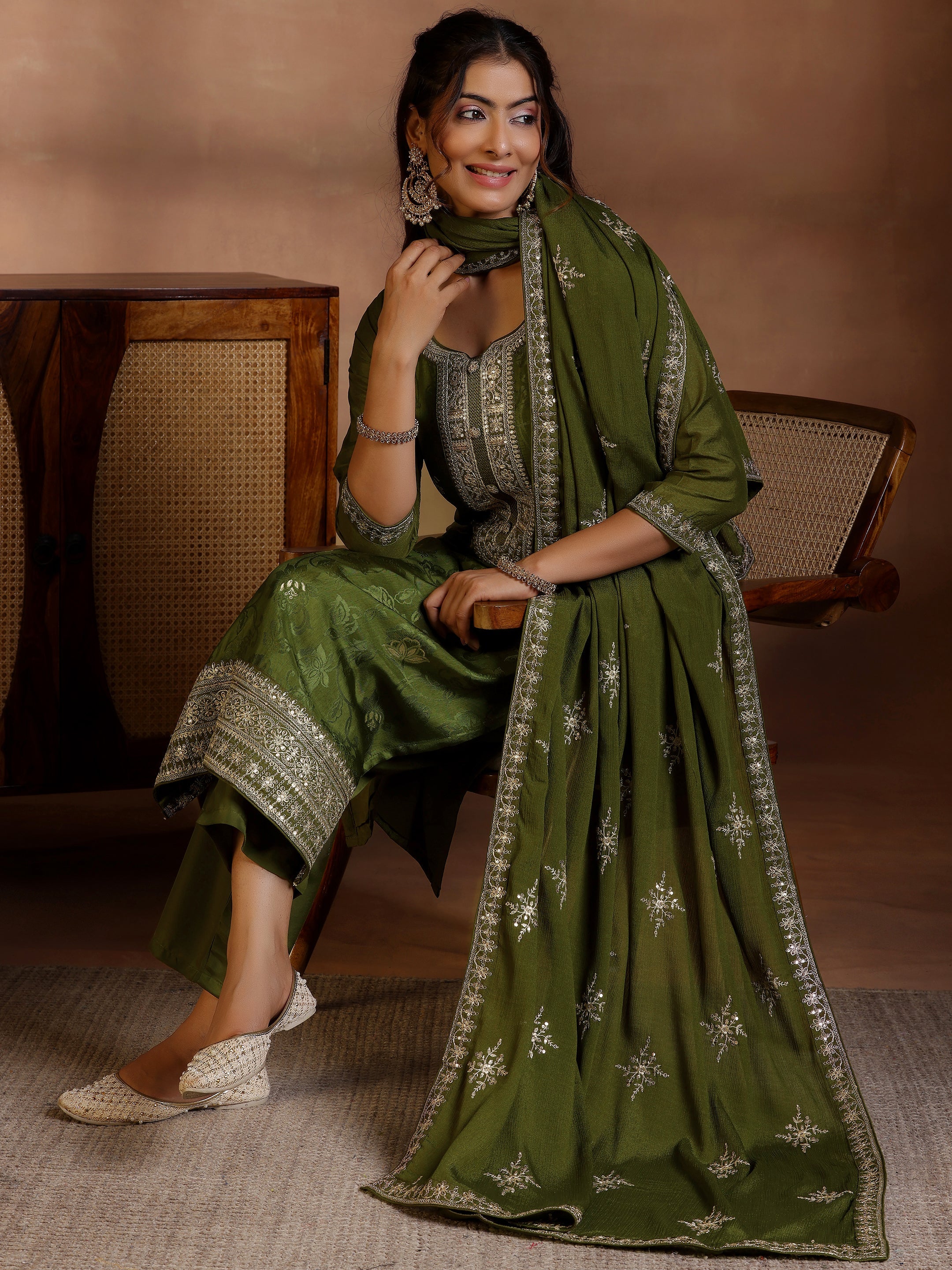 Olive Woven Design Silk Blend Straight Suit With Dupatta