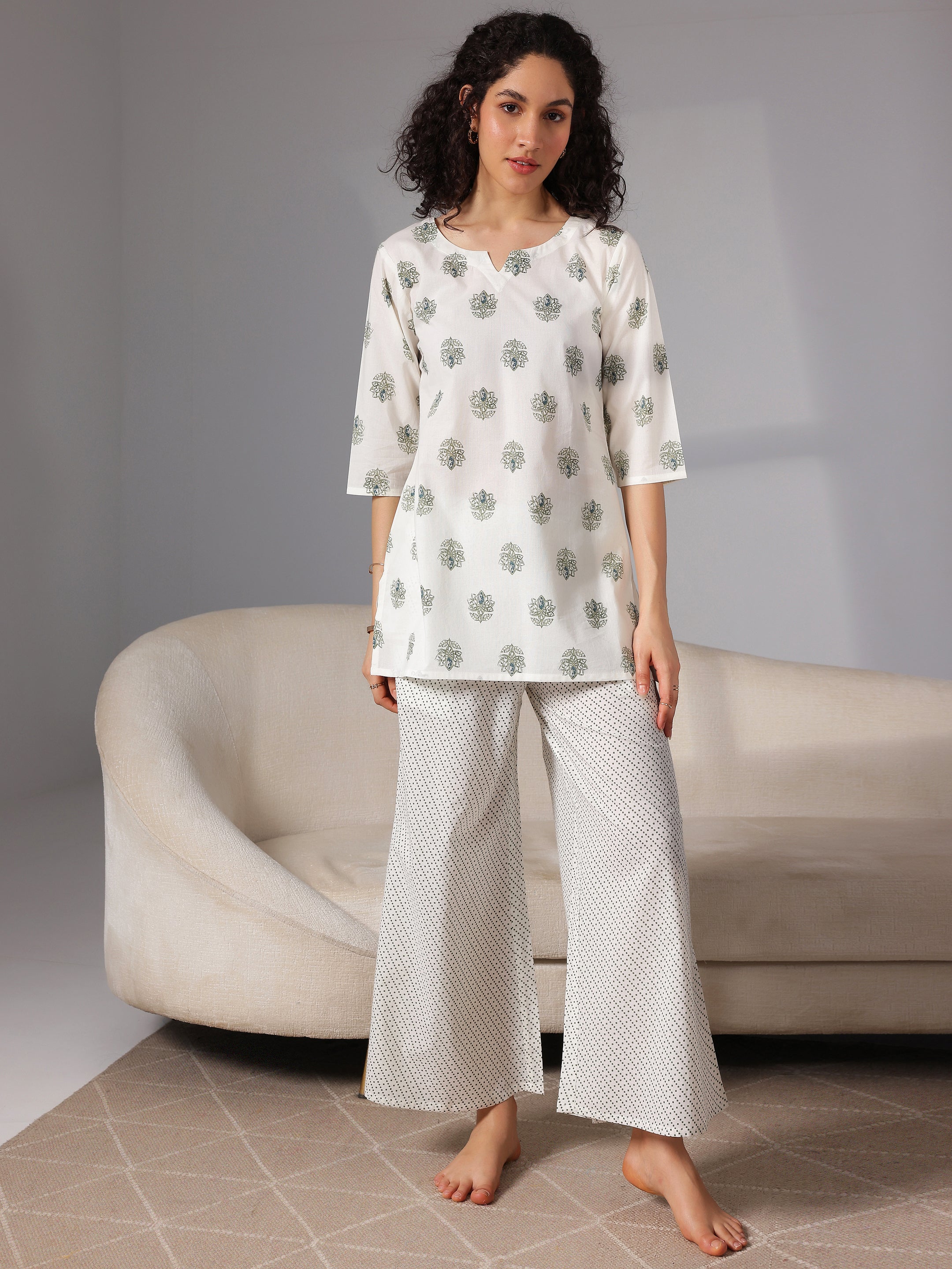 Cream Printed Cotton Night Suits