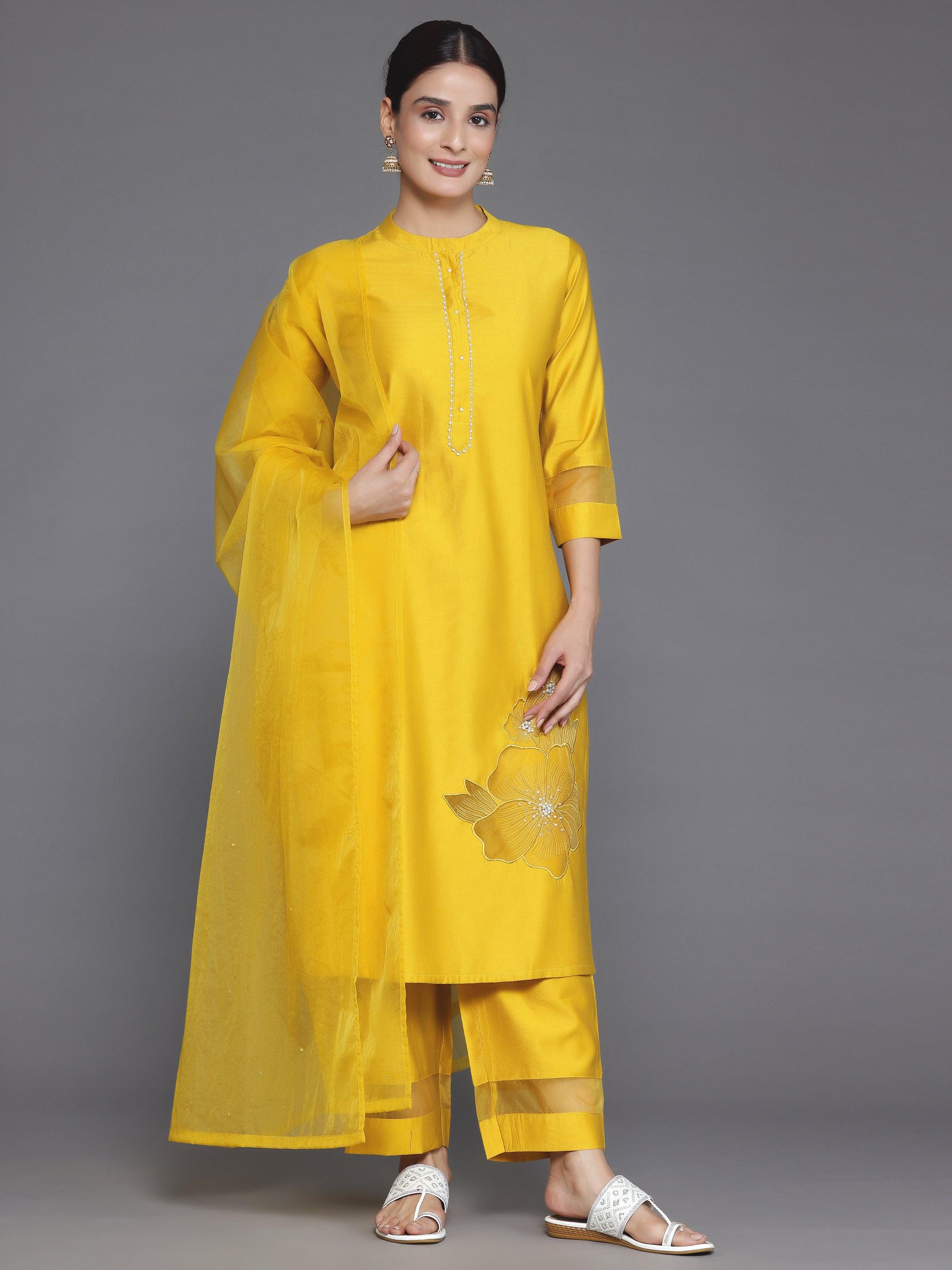 Yellow Solid Silk Blend Straight Suit With Dupatta