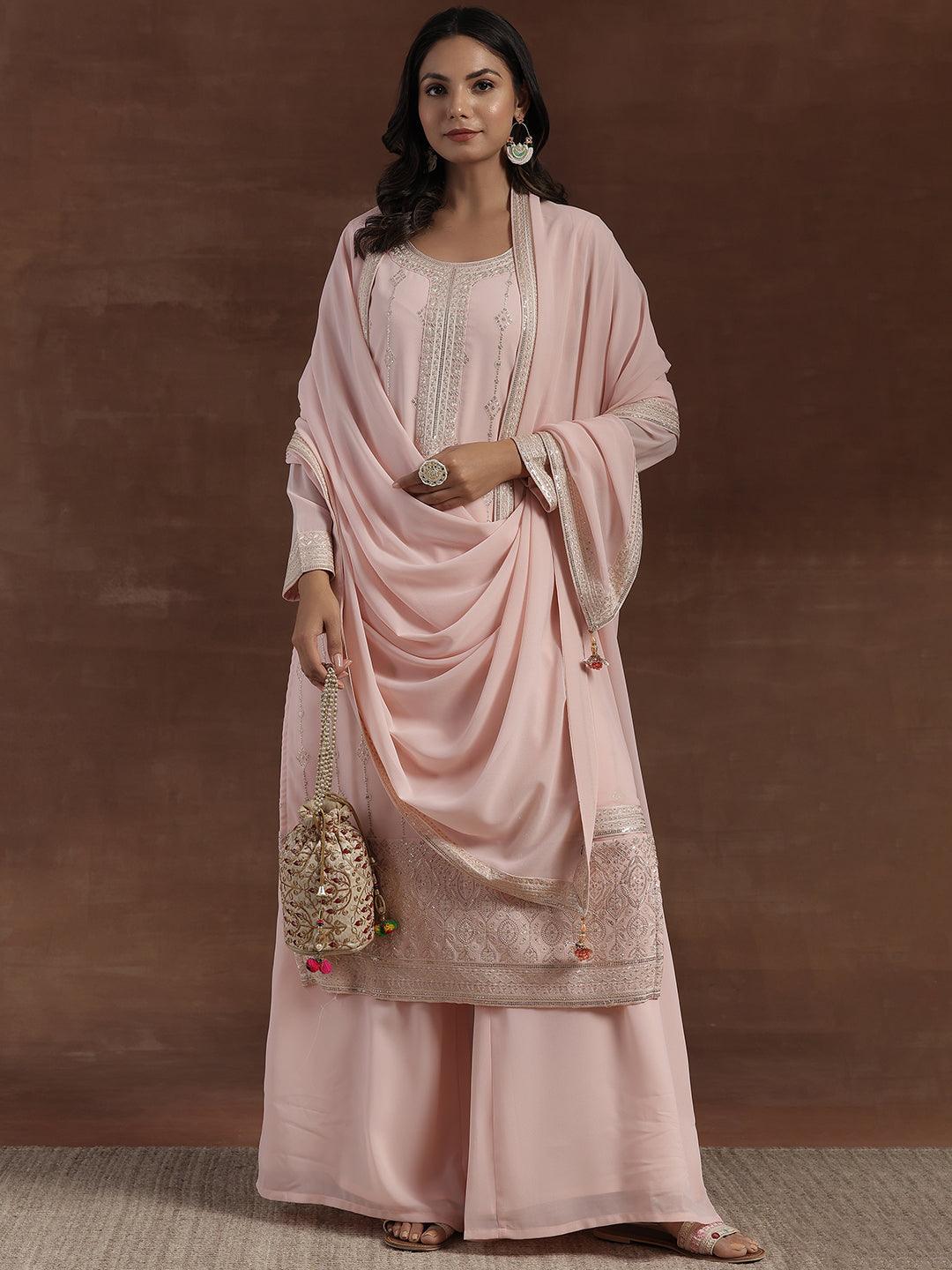 Peach Embroidered Georgette Straight Suit With Dupatta