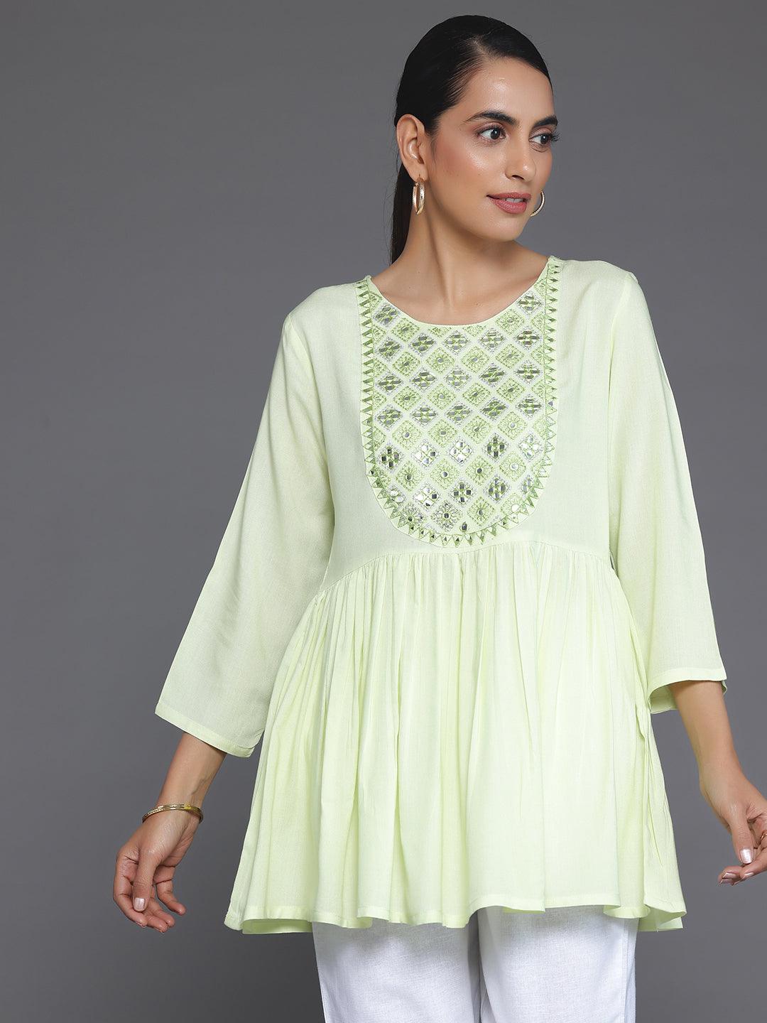 Green Embroidered Rayon A-Line Kurti