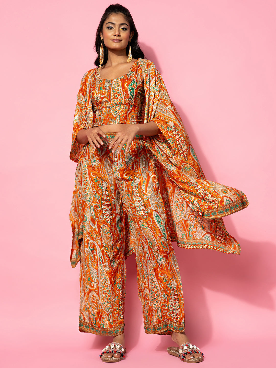 Orange Printed Silk Blend Co-Ords