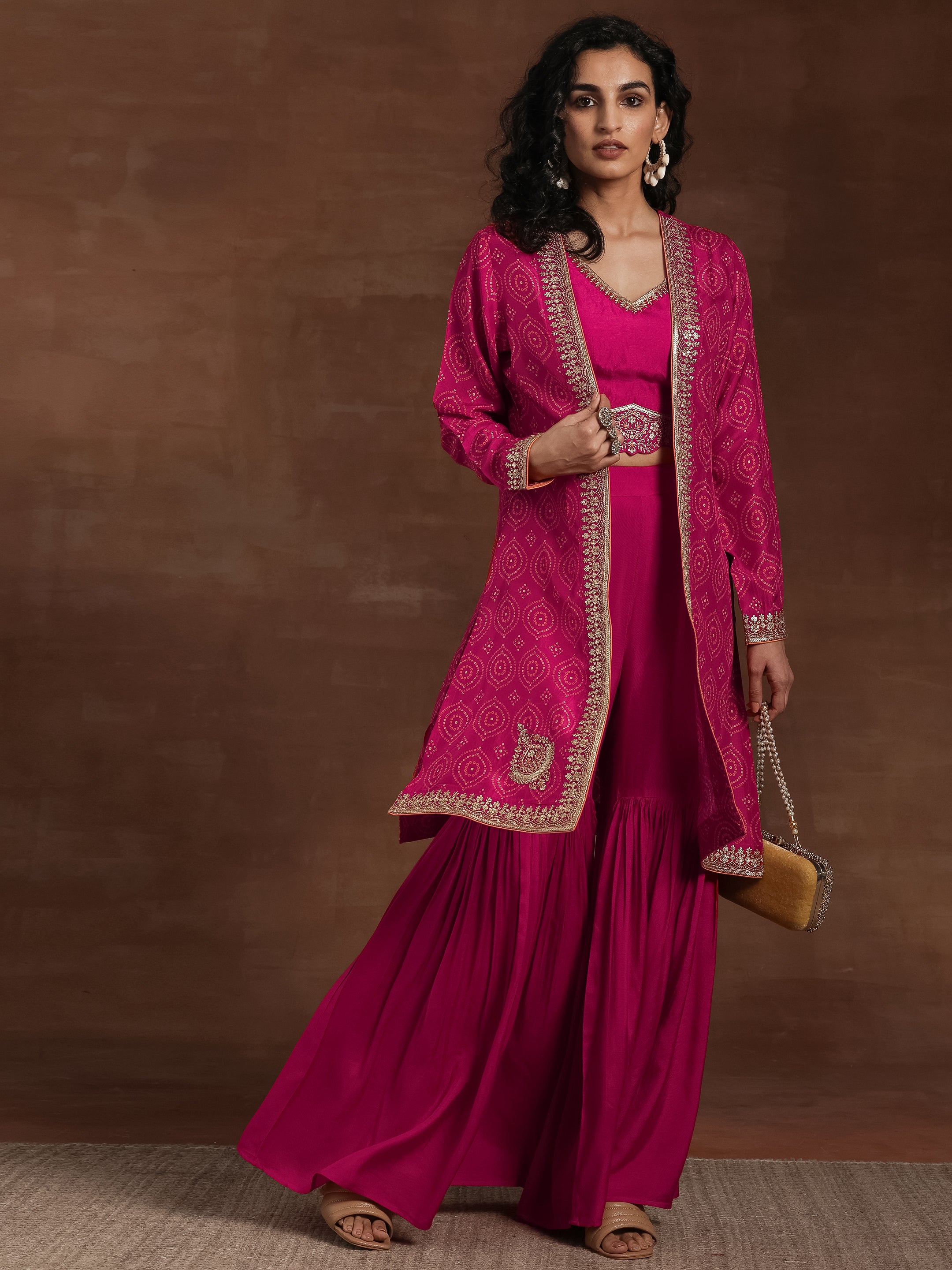 Pink Embroidered Silk Blend 3 Piece Co-Ords