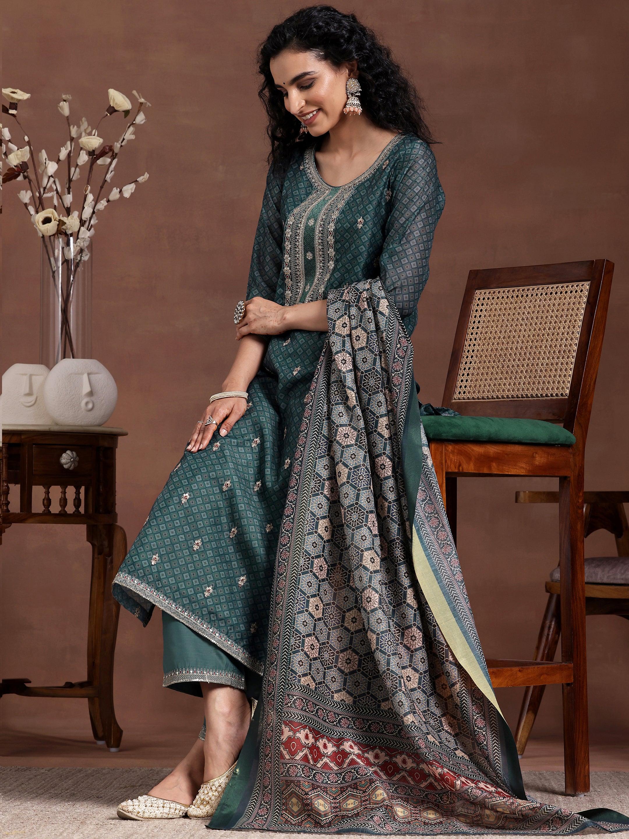 Teal Printed Silk Blend Straight Suit With Dupatta