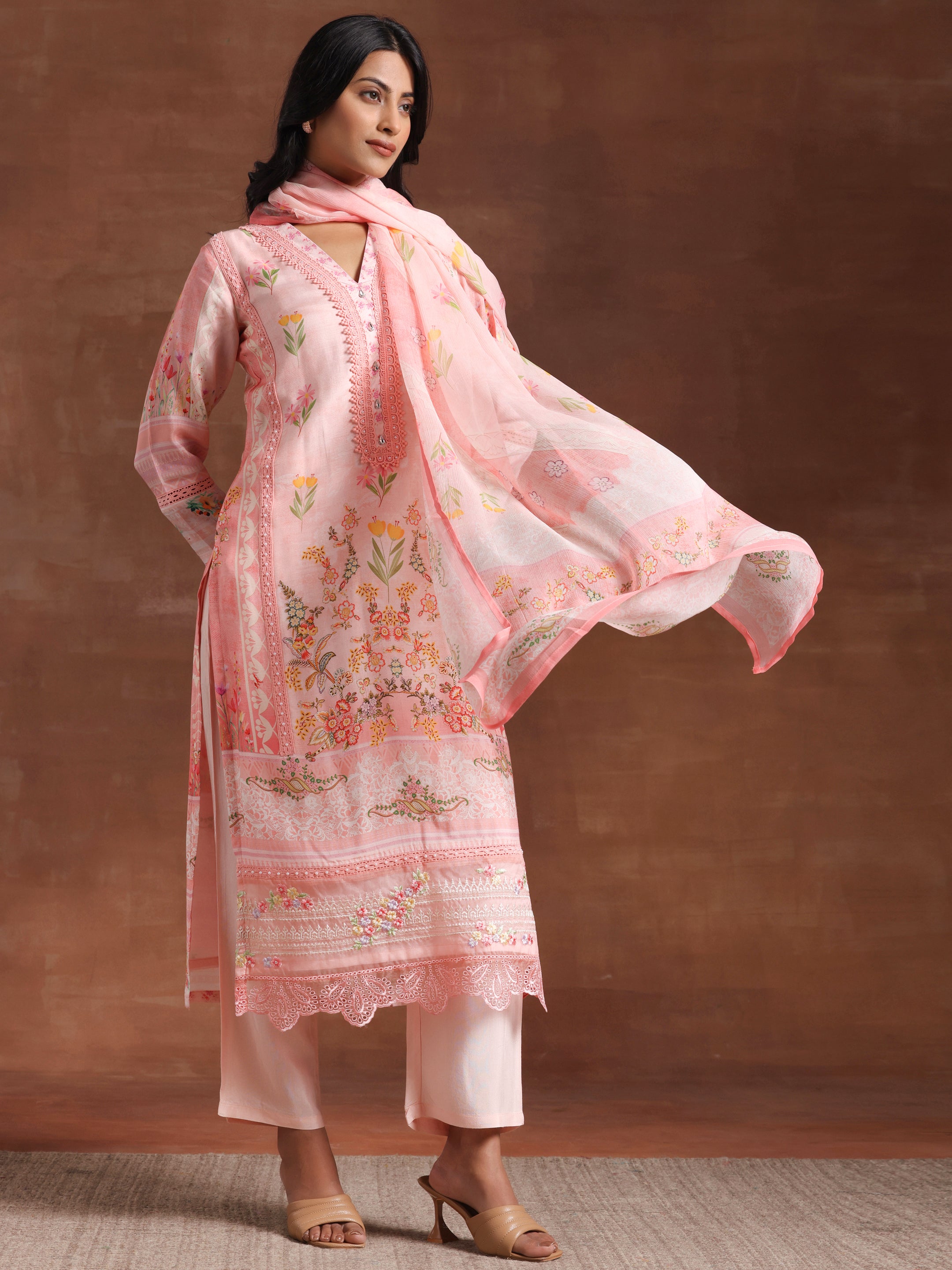 Pink Printed Silk Blend Straight Suit With Dupatta