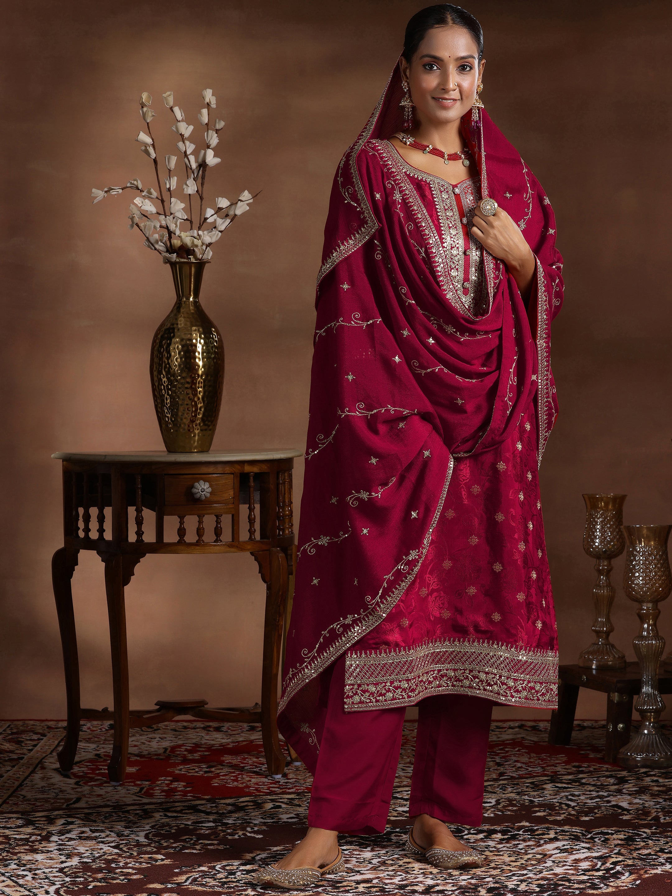 Maroon Woven Design Silk Blend Straight Suit With Dupatta