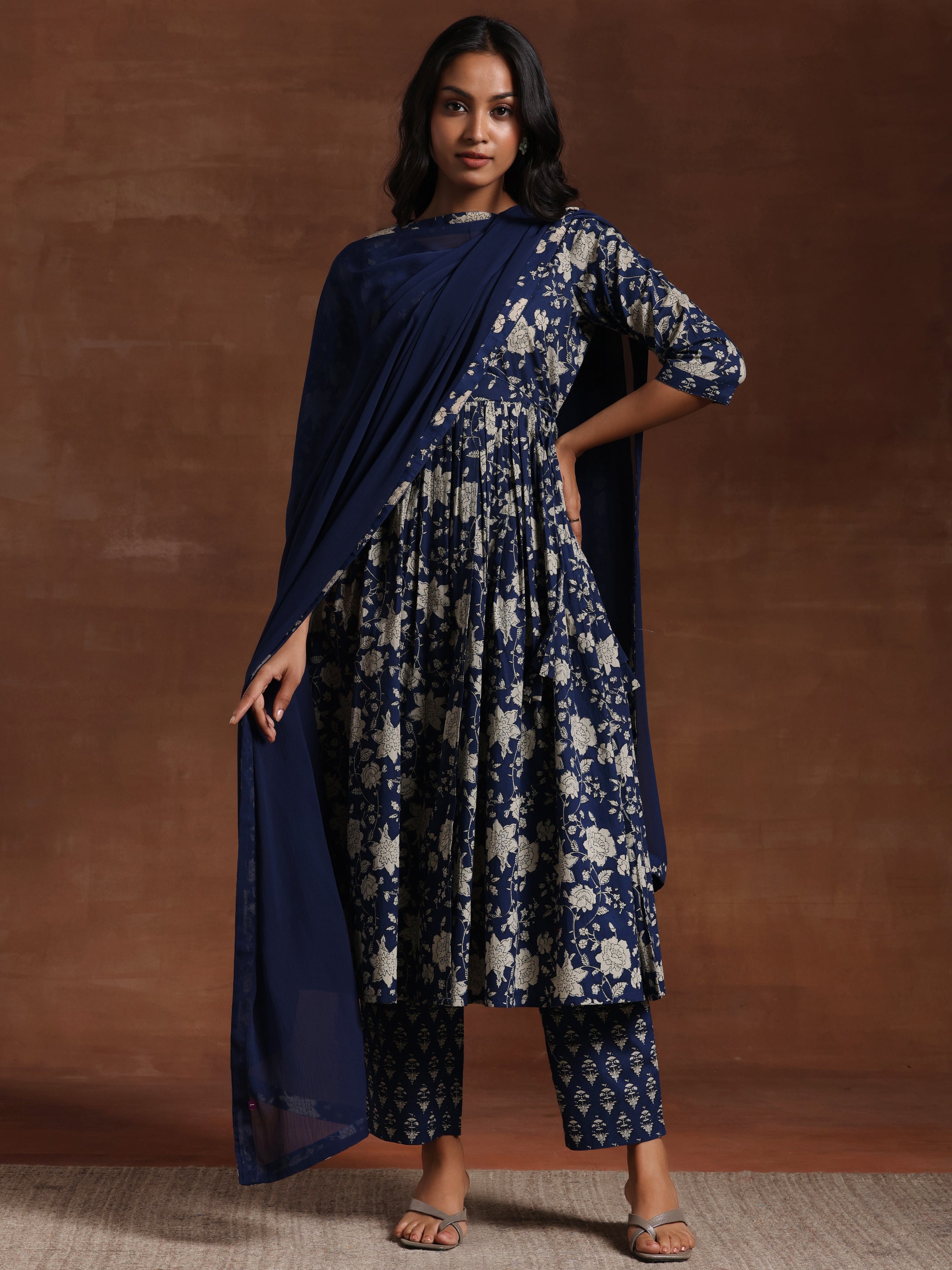 Blue Printed Pure Cotton Anarkali Suit With Dupatta