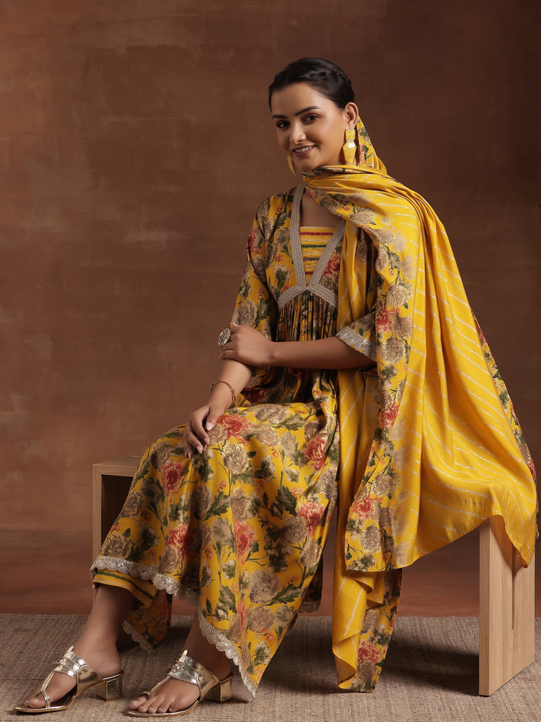 Yellow Printed Silk Blend A-Line Kurta With Trousers & Dupatta