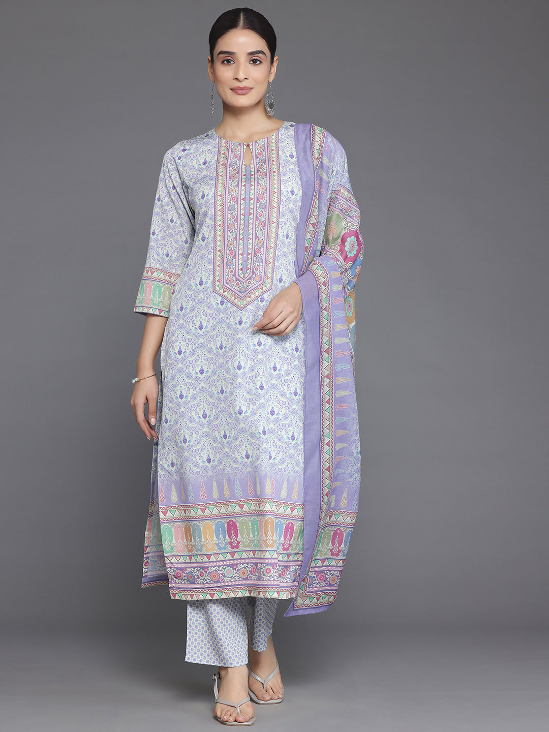 Purple Printed Poly Crepe Straight Suit With Dupatta