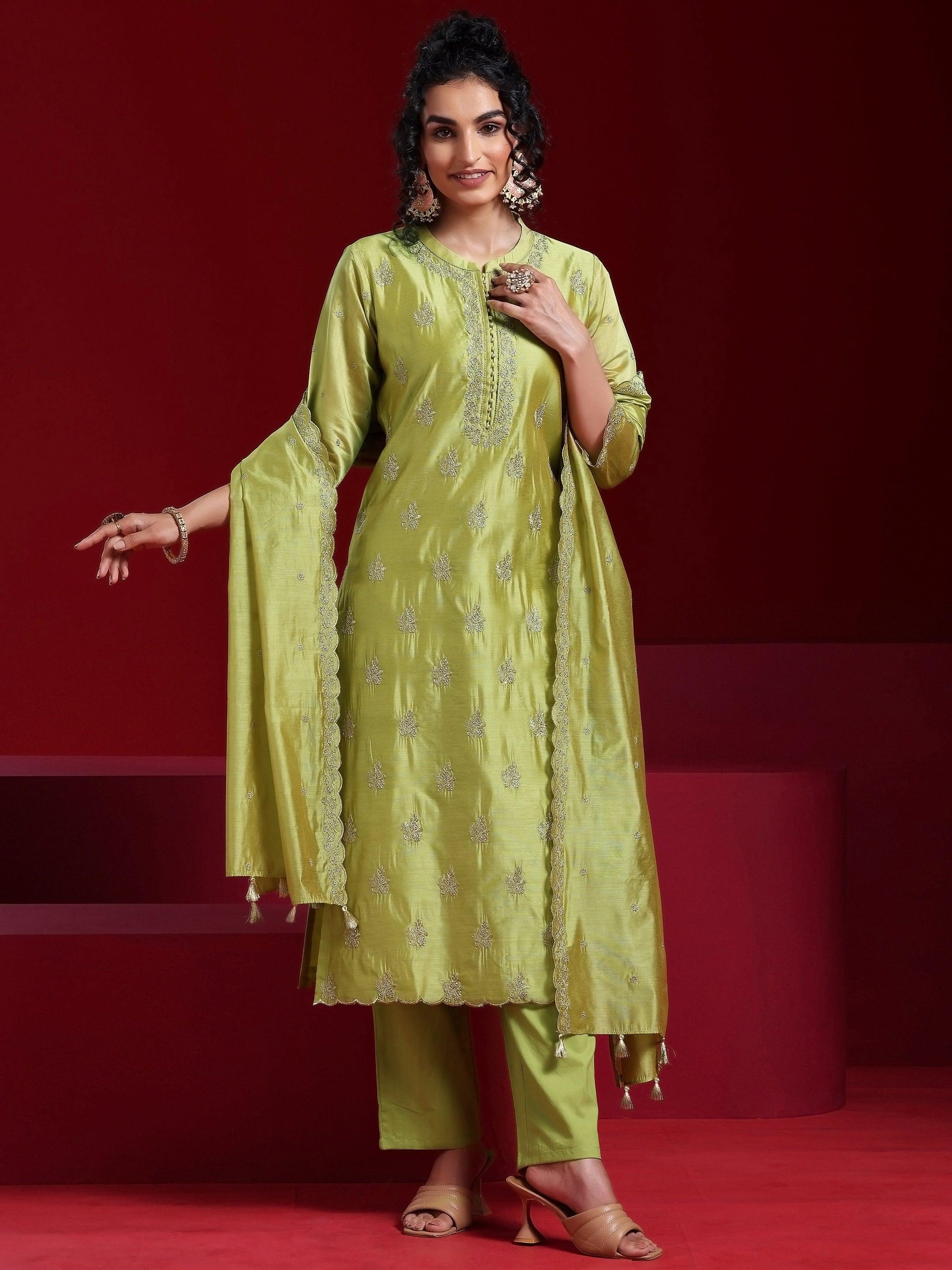 Libas Art Green Embroidered Chanderi Silk Straight Suit With Dupatta