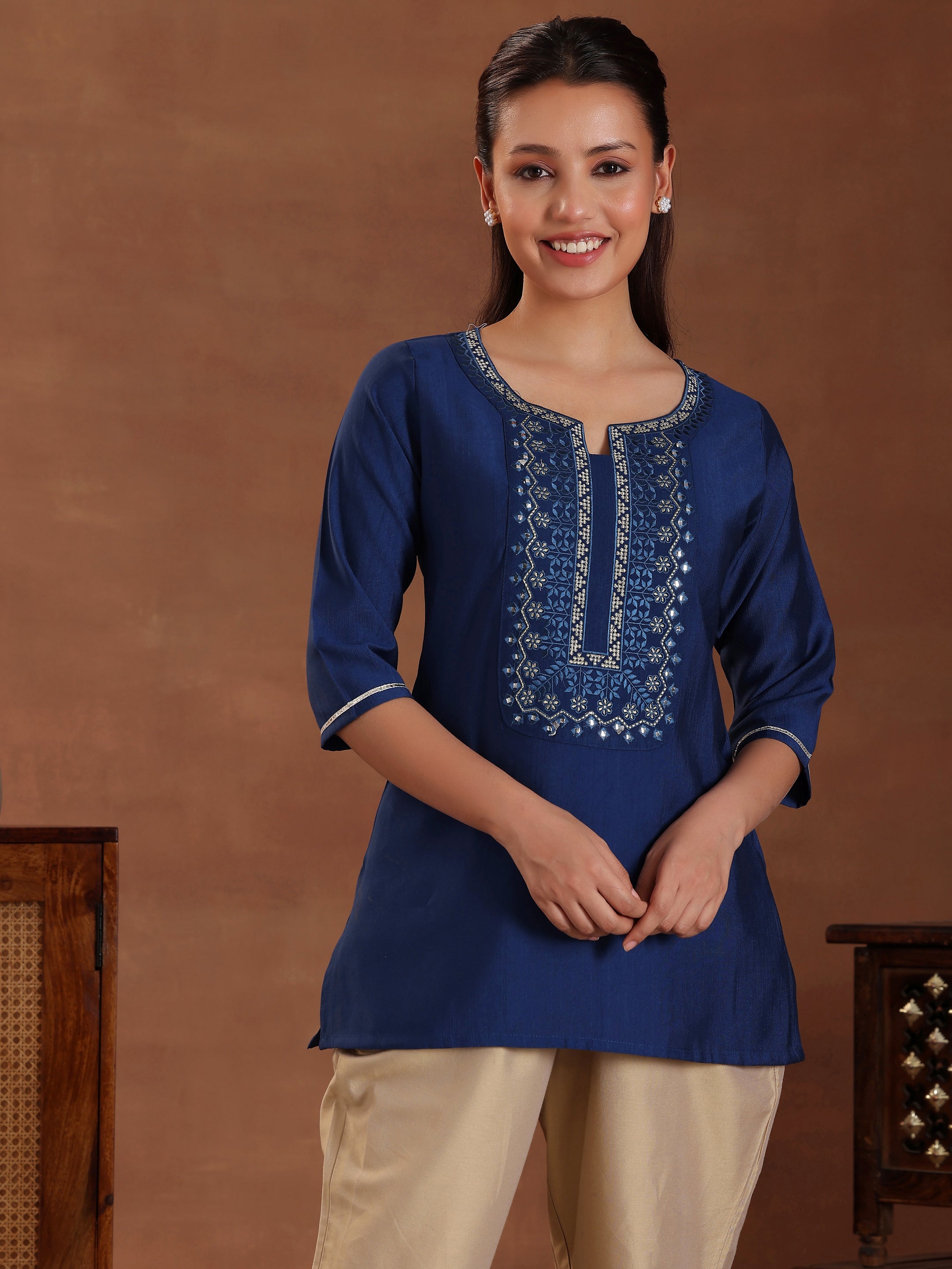 Blue Embroidered Silk Blend Straight Kurti