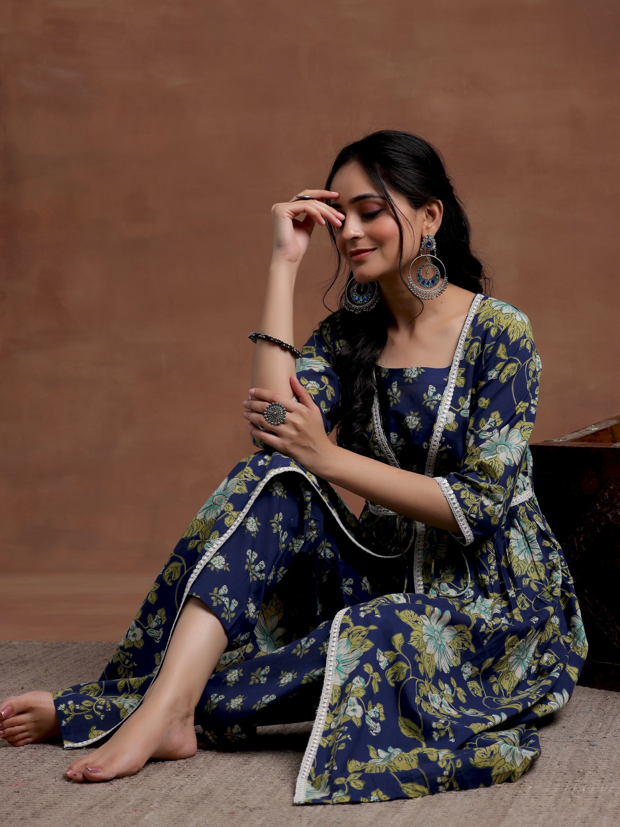 Blue Printed Cotton A-Line Kurta With Trousers