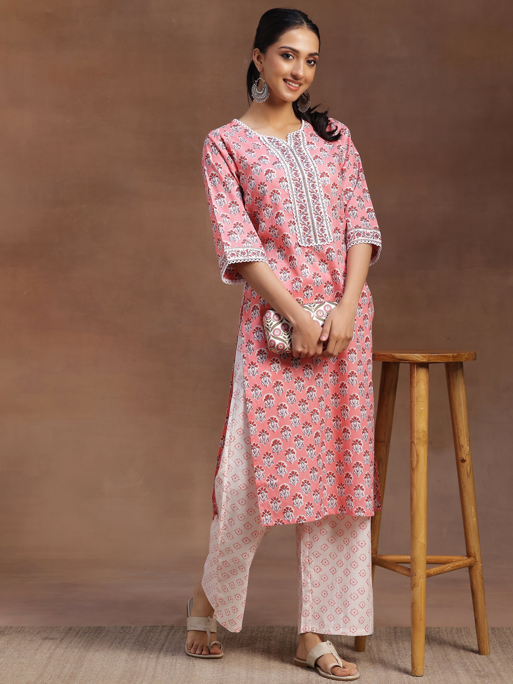 Peach Printed Cotton Straight Kurta With Palazzos