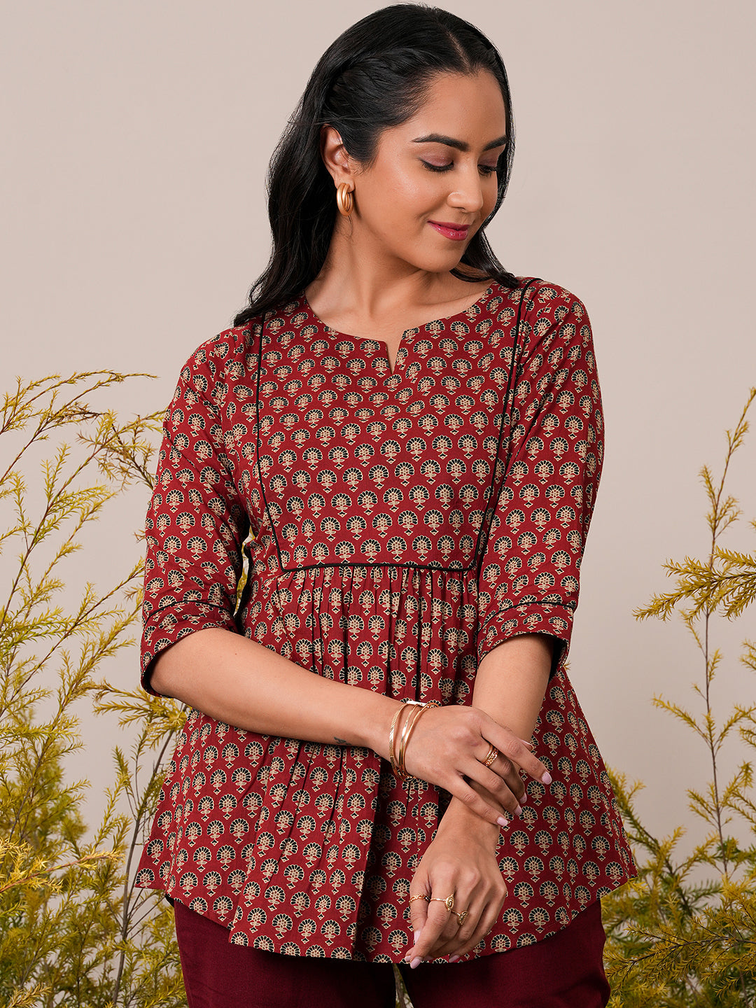 Maroon Printed Cotton A-Line Kurti