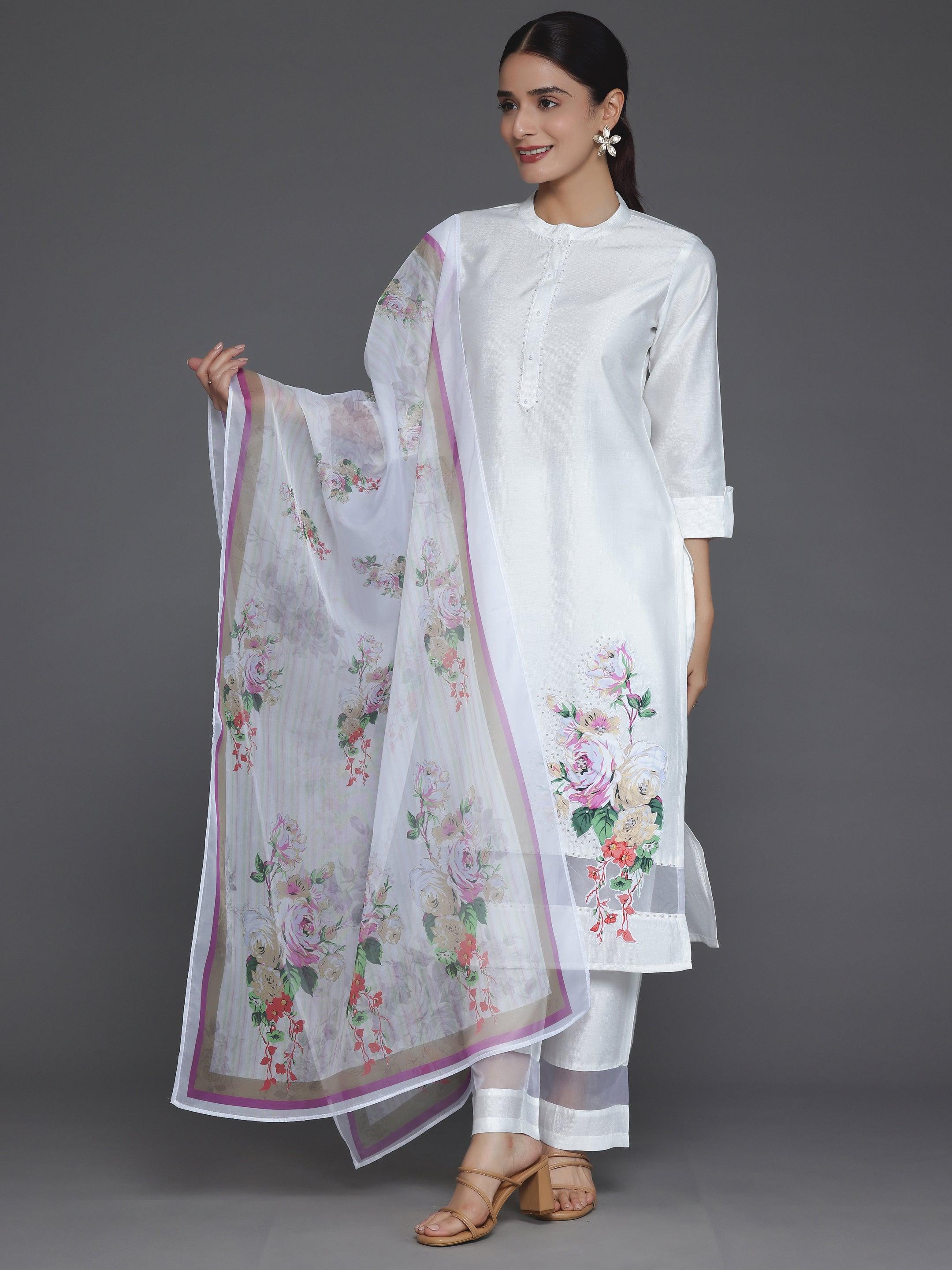 Off White Self Design Silk Blend Straight Suit With Dupatta