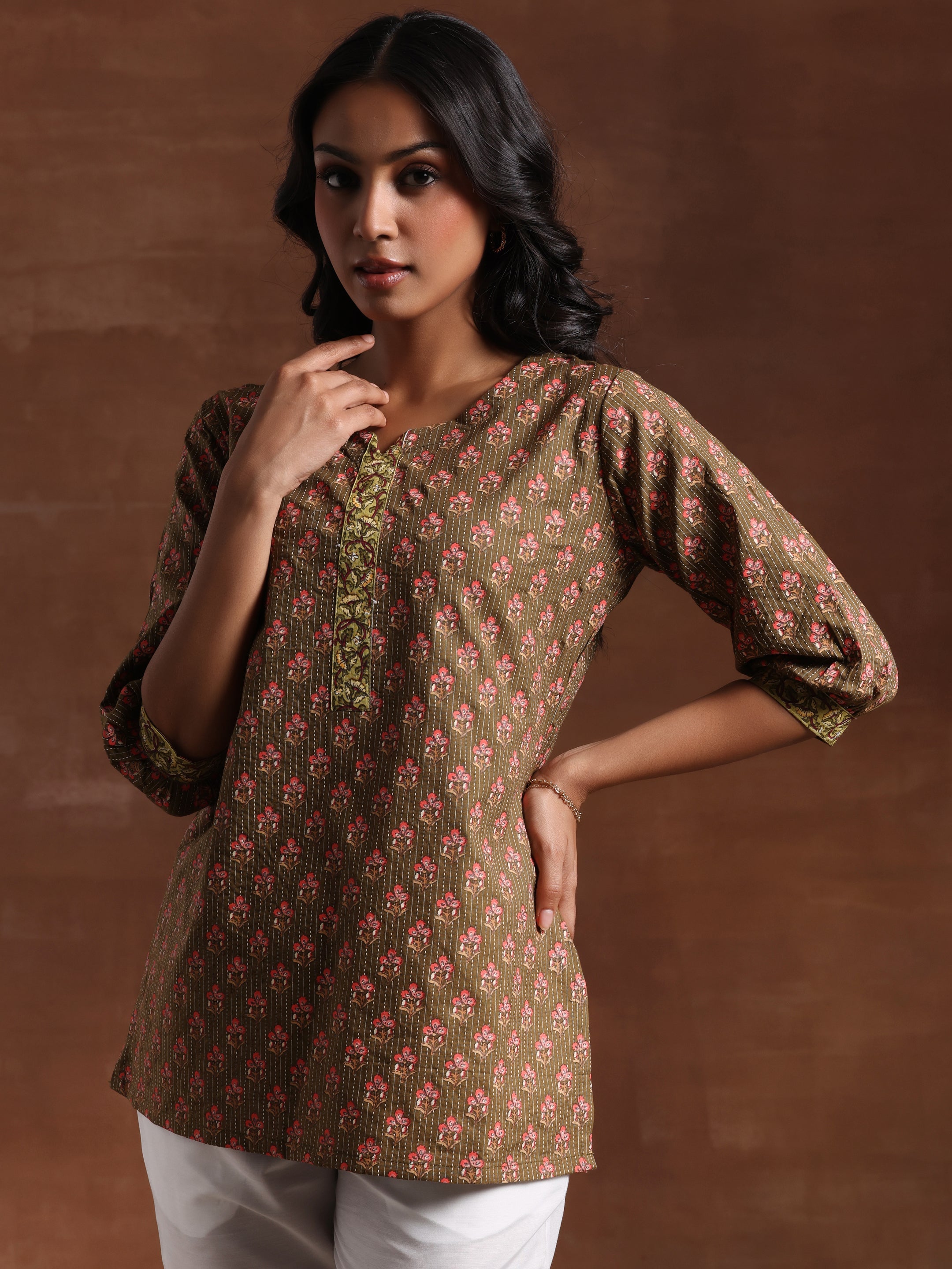 Olive Printed Cotton Straight Kurti