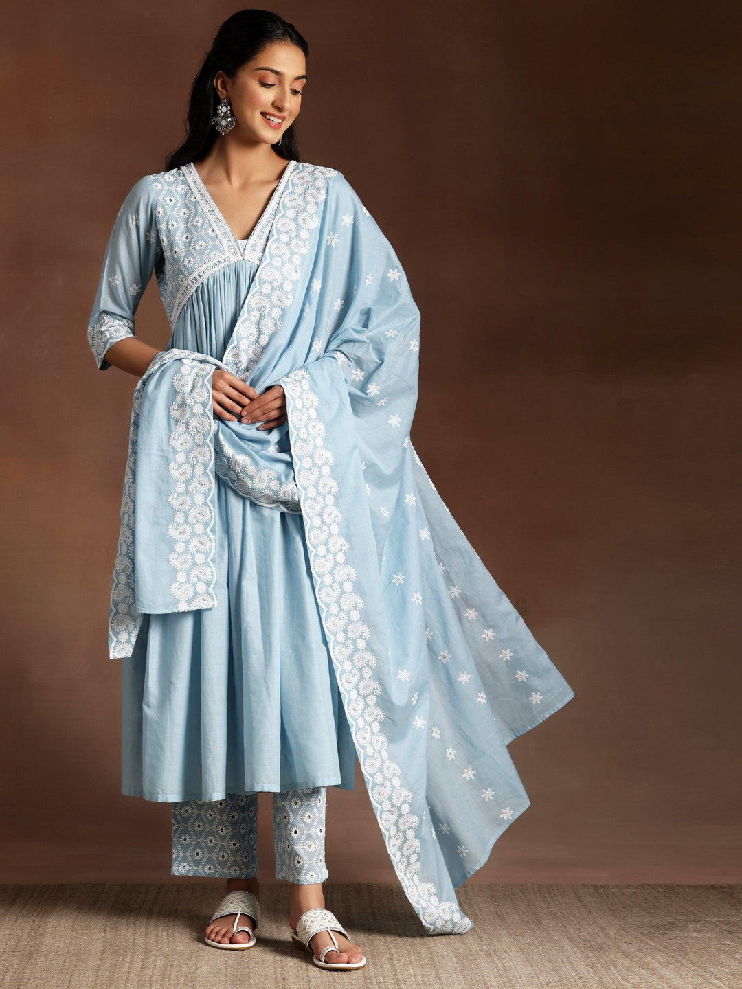 Blue Embroidered Cotton A-Line Kurta With Palazzos & Dupatta - ShopLibas