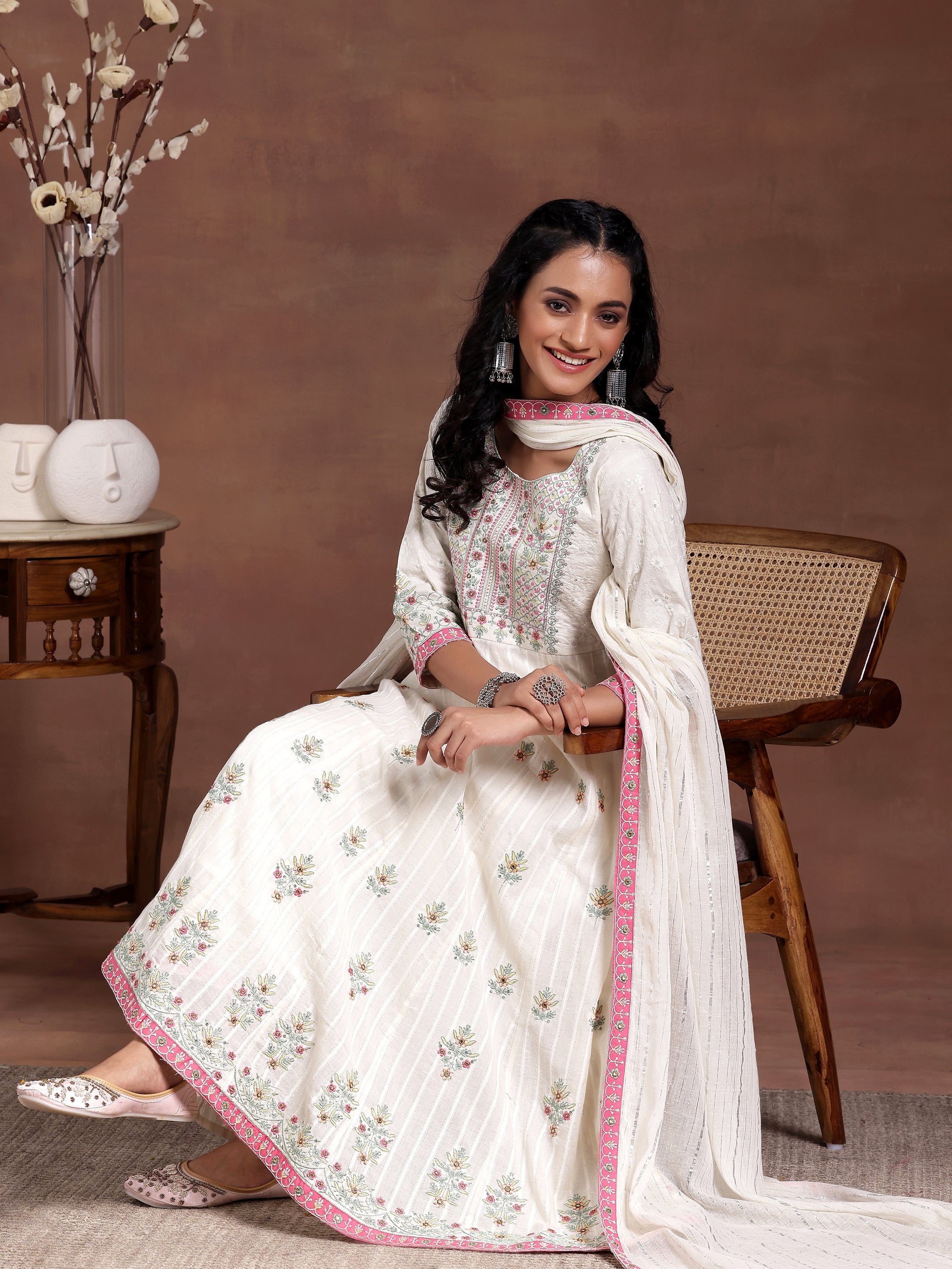 Off white Embroidered Cotton A-Line Kurta With Trousers & Dupatta