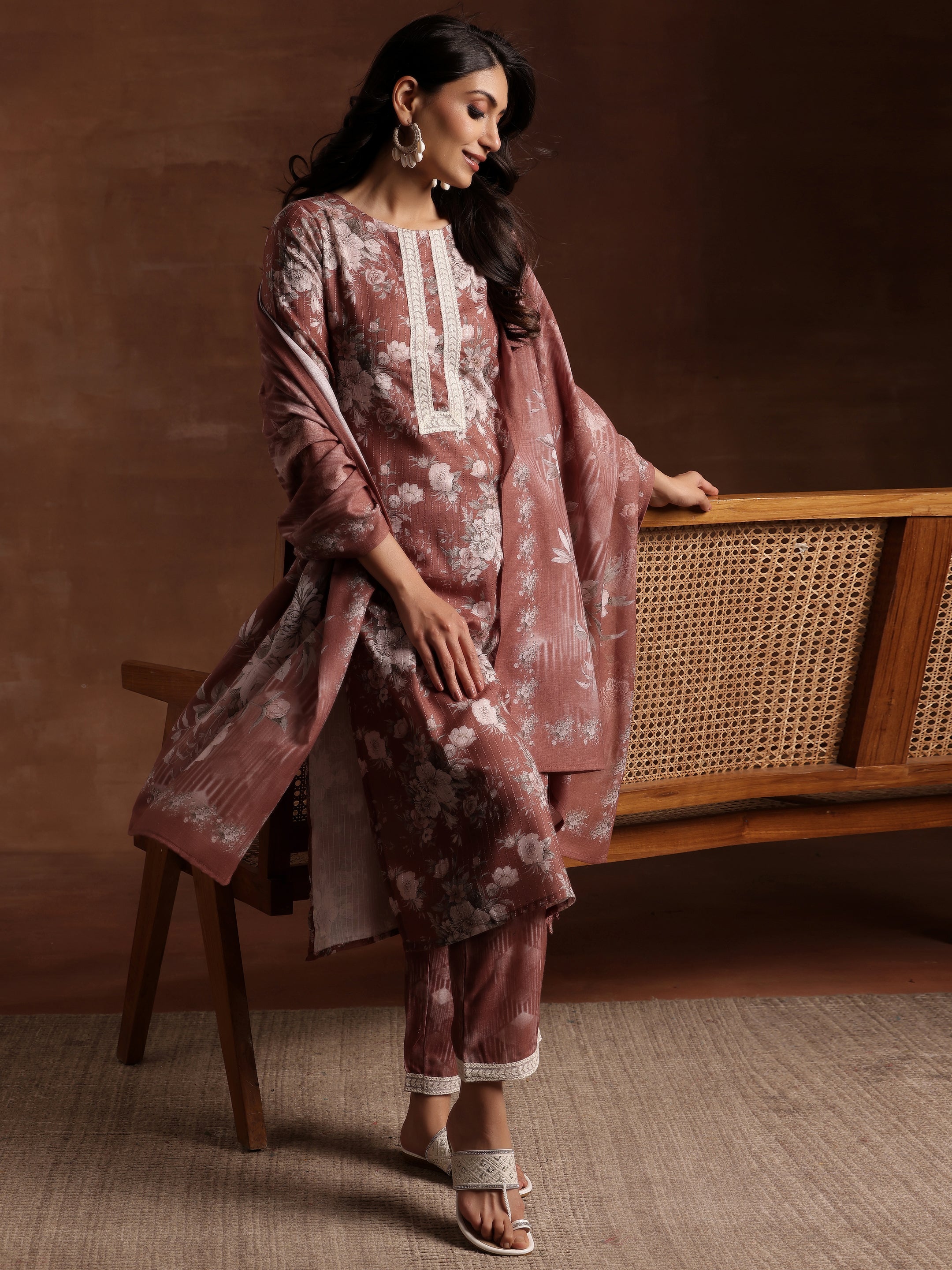 Brown Printed Cotton Straight Suit With Dupatta