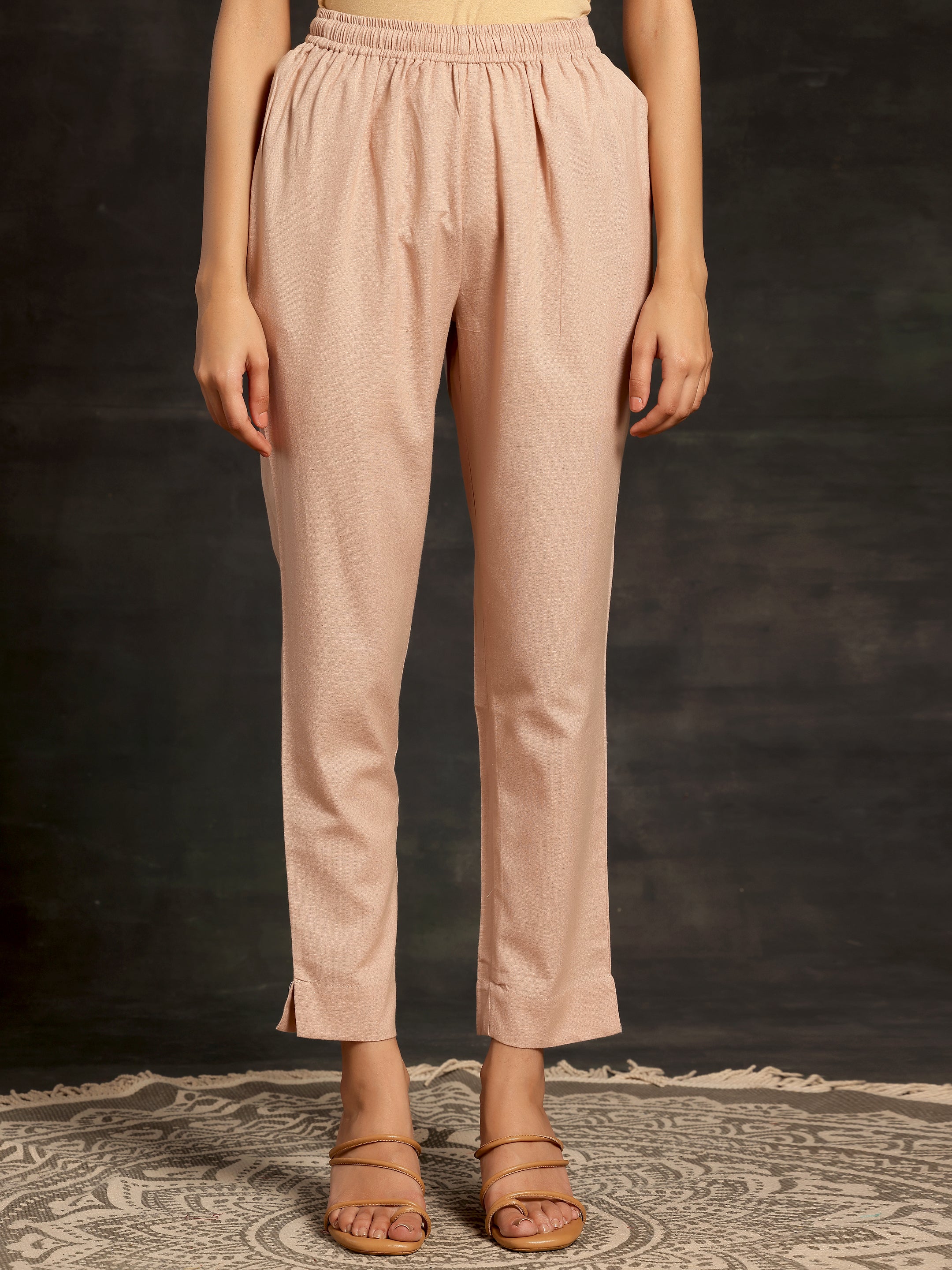 Peach Solid Cotton Straight Fit Trousers