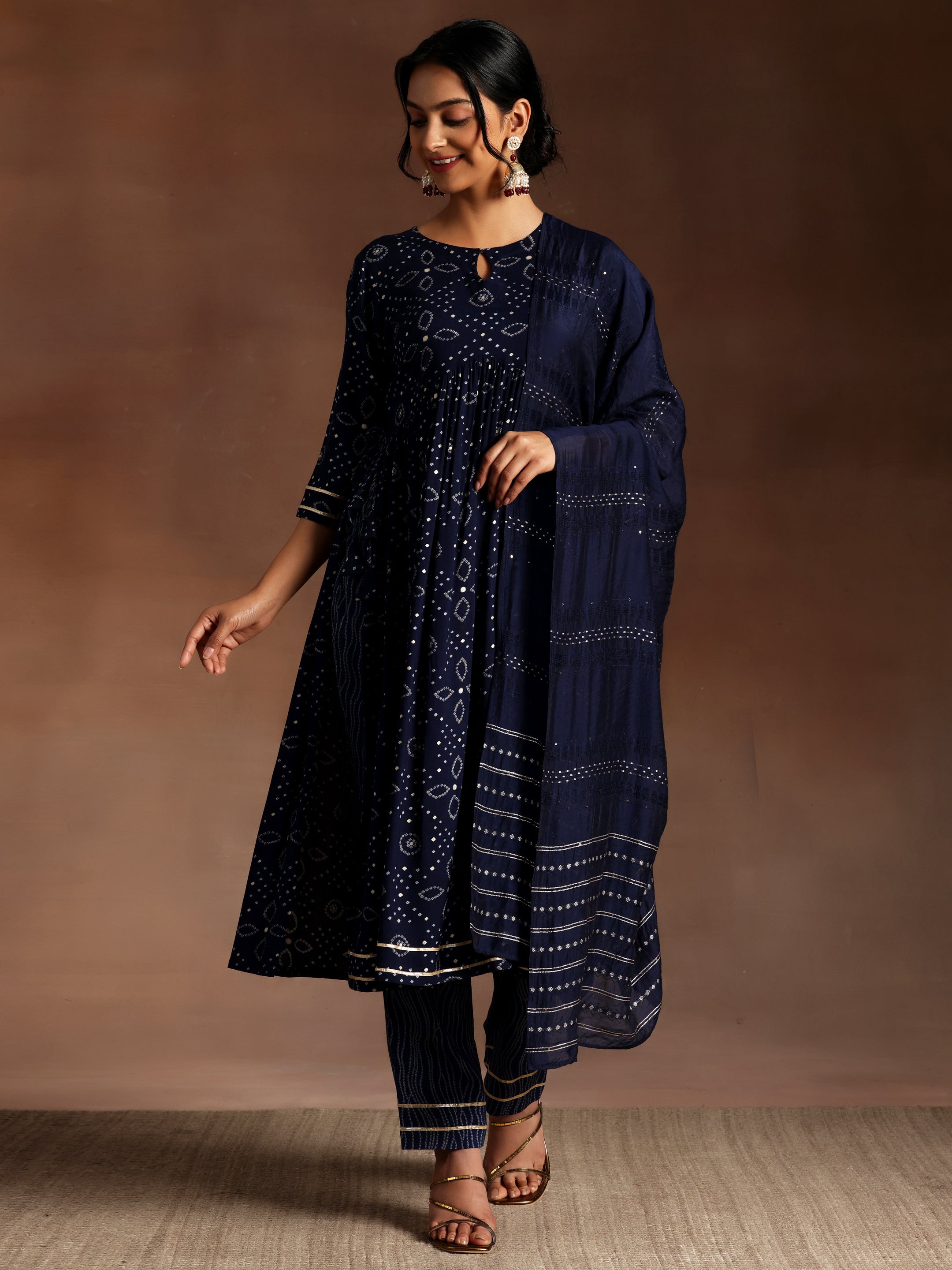 Blue Printed Rayon A-Line Kurta With Palazzos & Dupatta