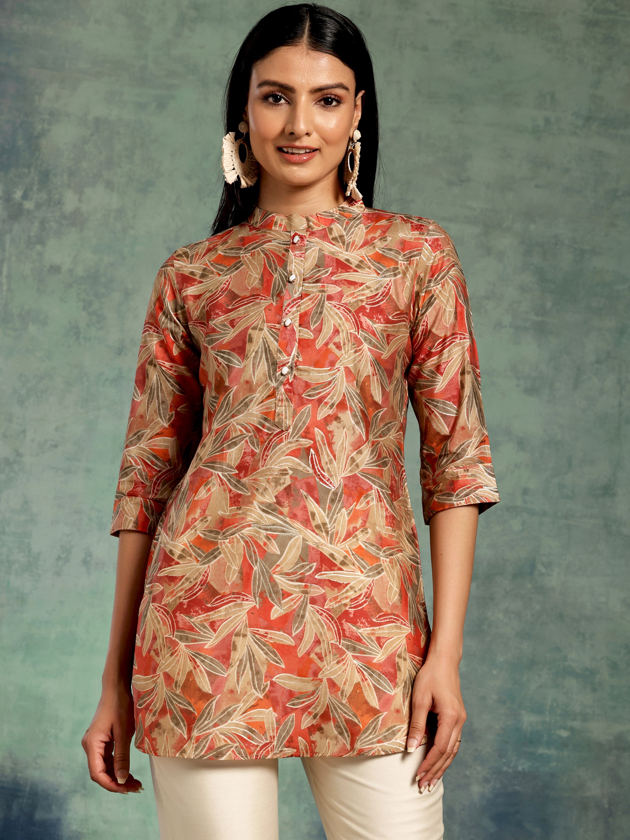 Beige Printed Silk Blend Straight Kurti