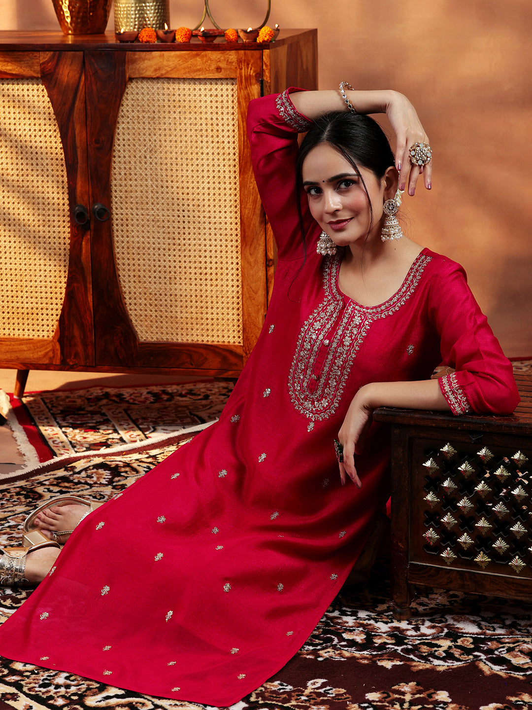 Red Embroidered Silk Straight Kurta