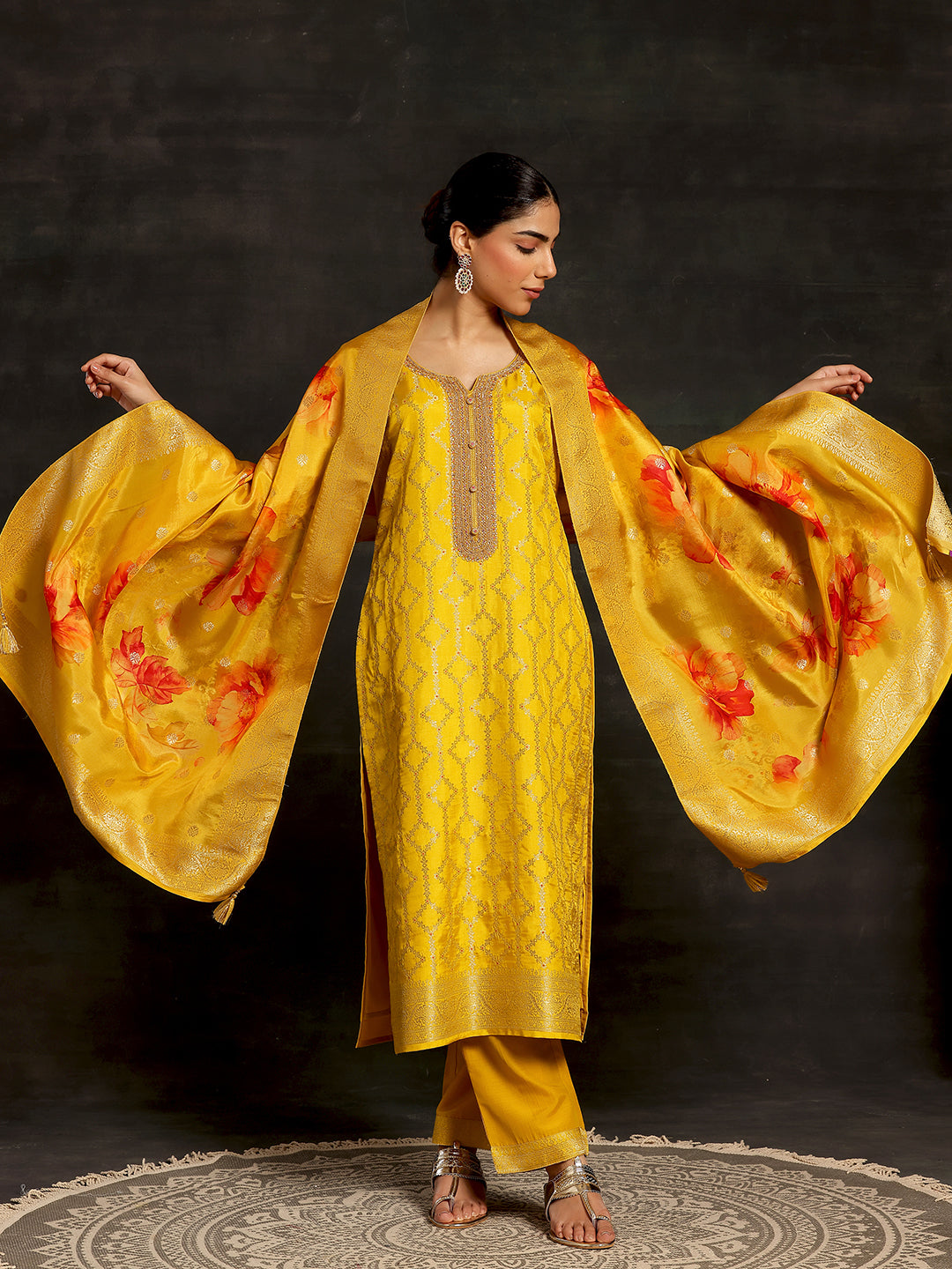 Mustard Woven Design Silk Blend Straight Suit With Dupatta