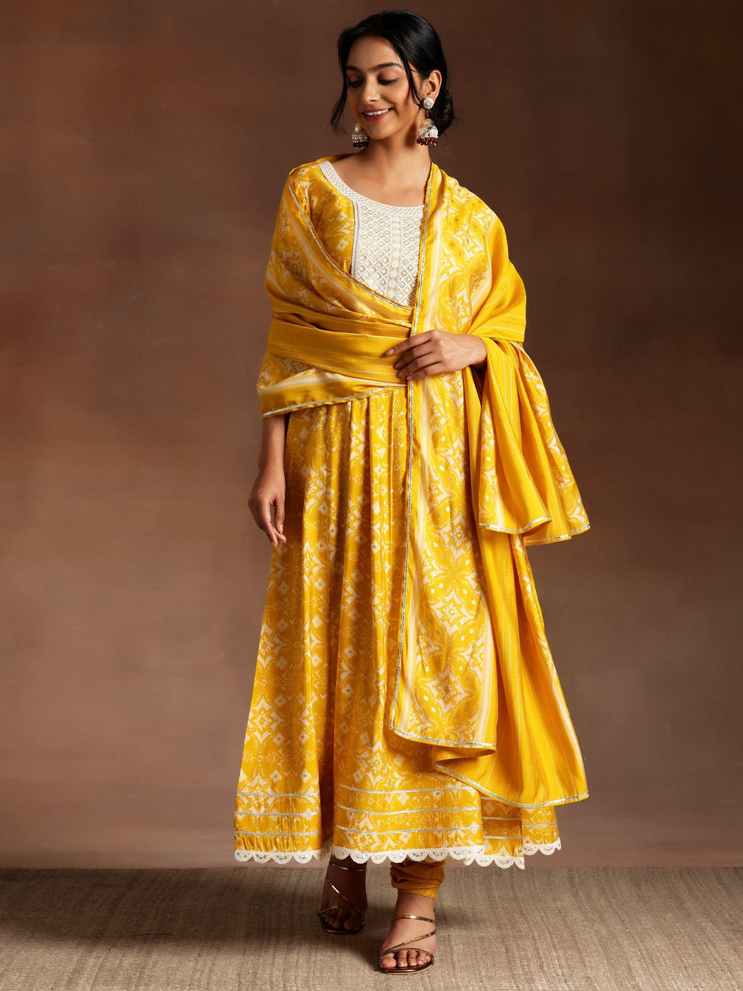 Izra Mustard Printed Silk Blend Anarkali Kurta With Churidar & Dupatta - ShopLibas