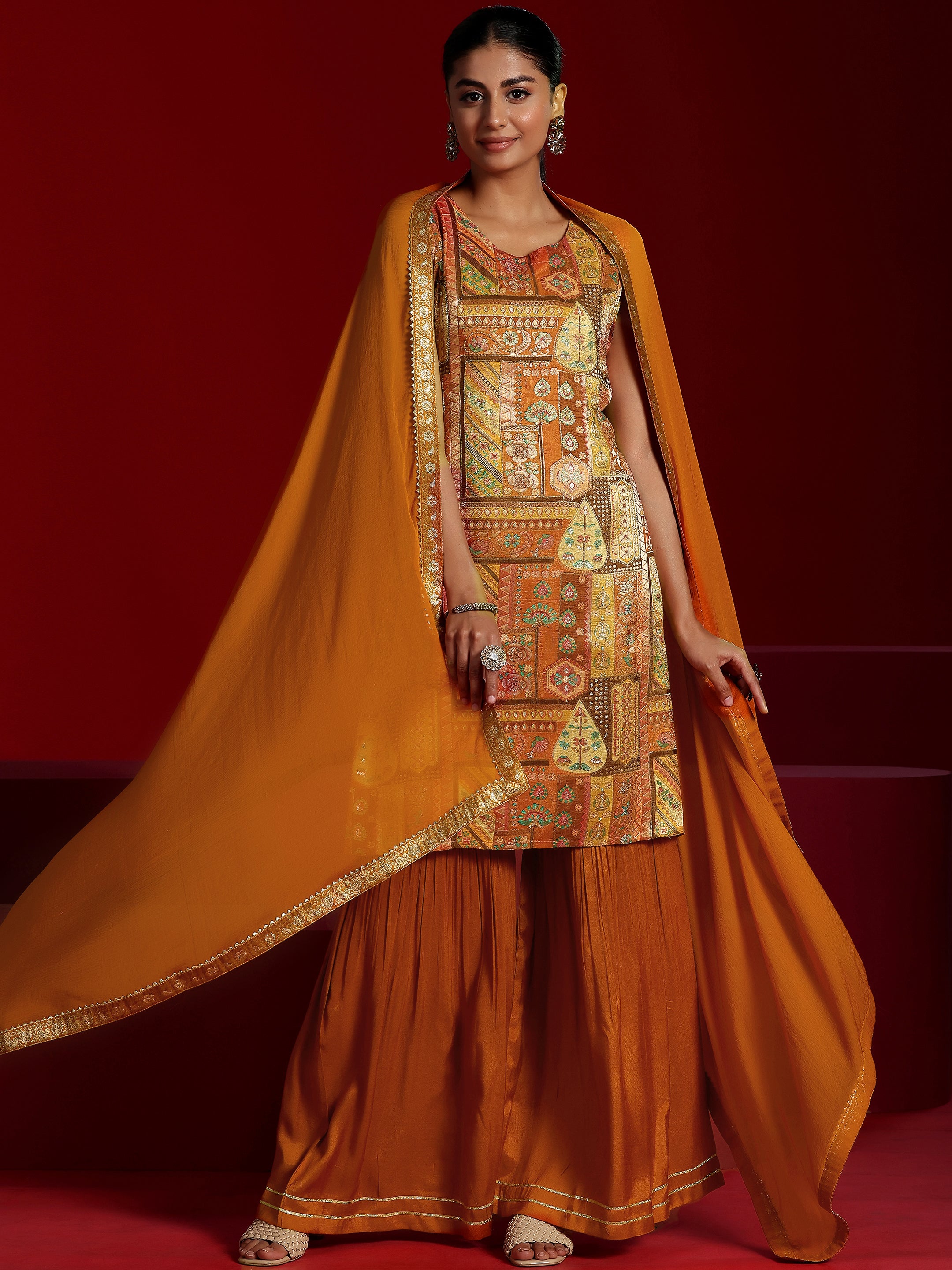 Libas Art Orange Woven Design Silk Blend Straight Suit With Dupatta