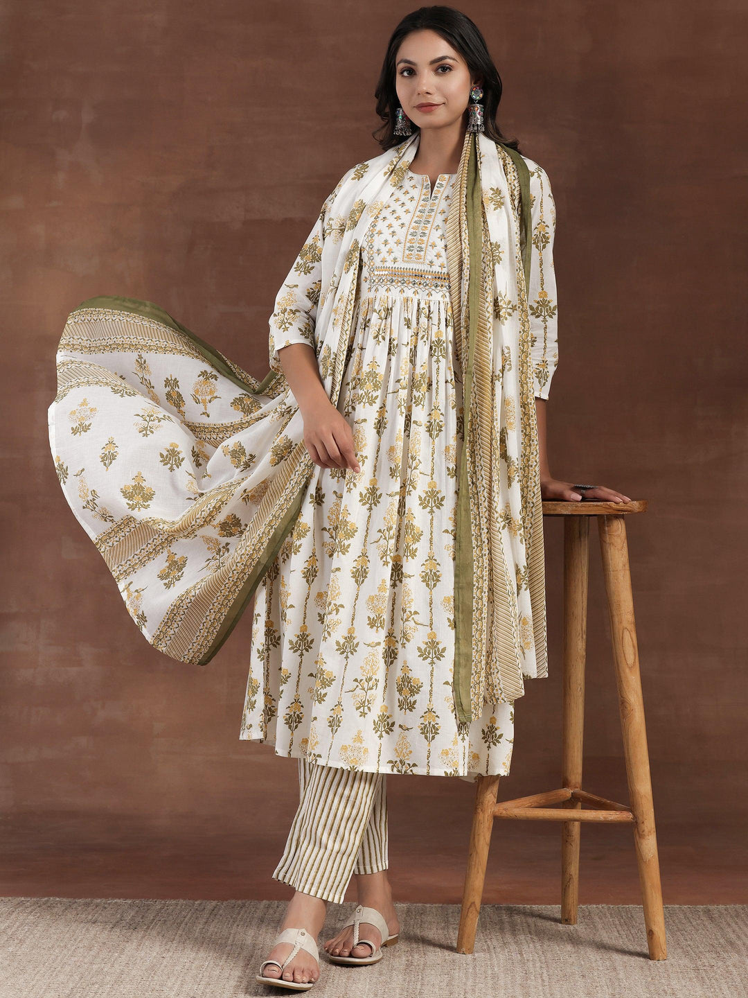 Off White Printed Cotton Anarkali Suit With Dupatta