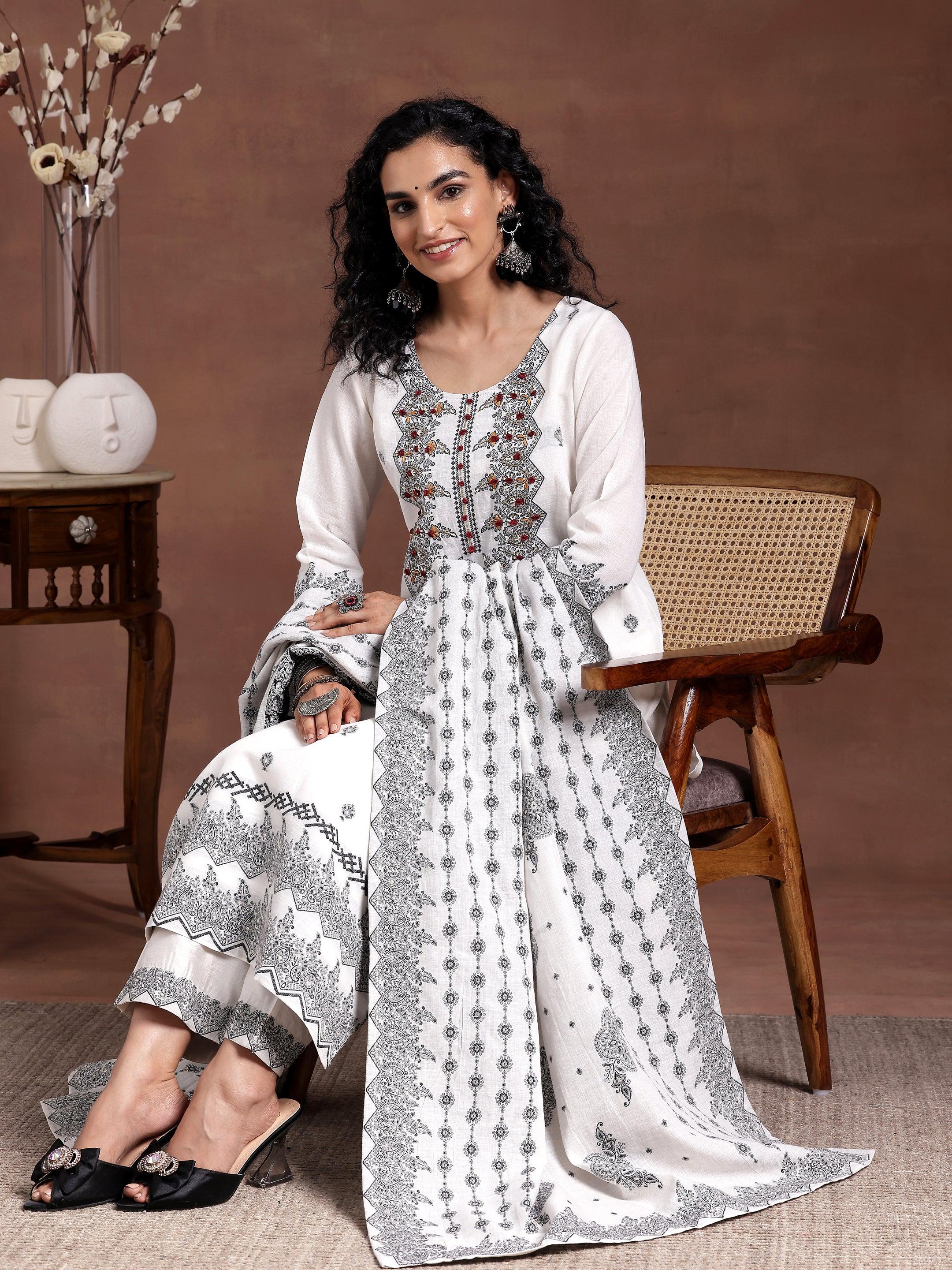 White Woven Design Linen Straight Suit With Dupatta