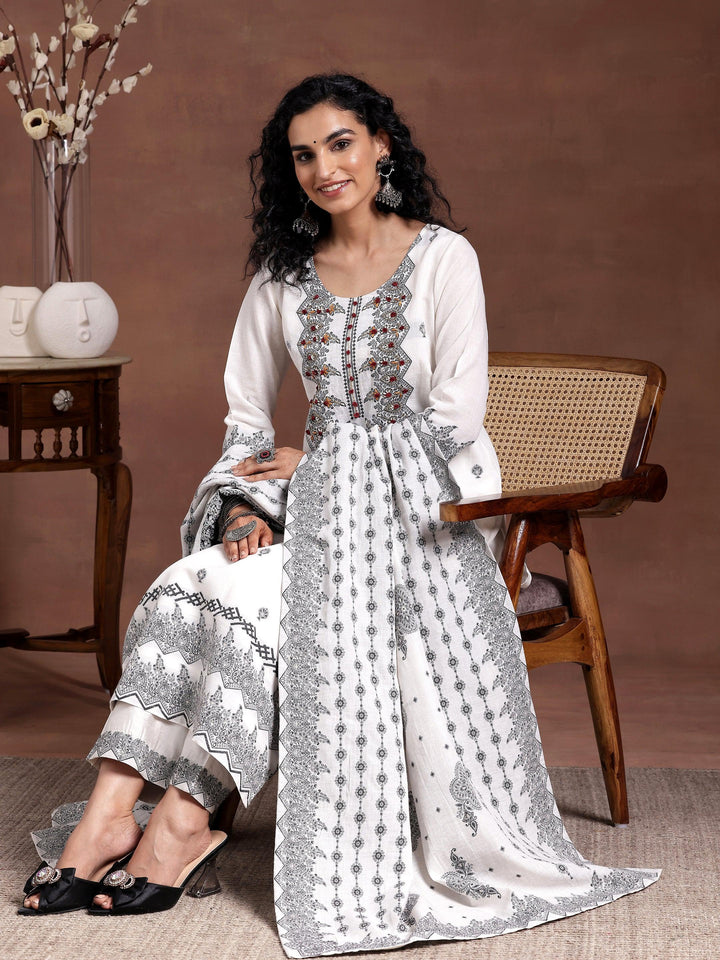 White Woven Design Linen Straight Suit With Dupatta - Libas