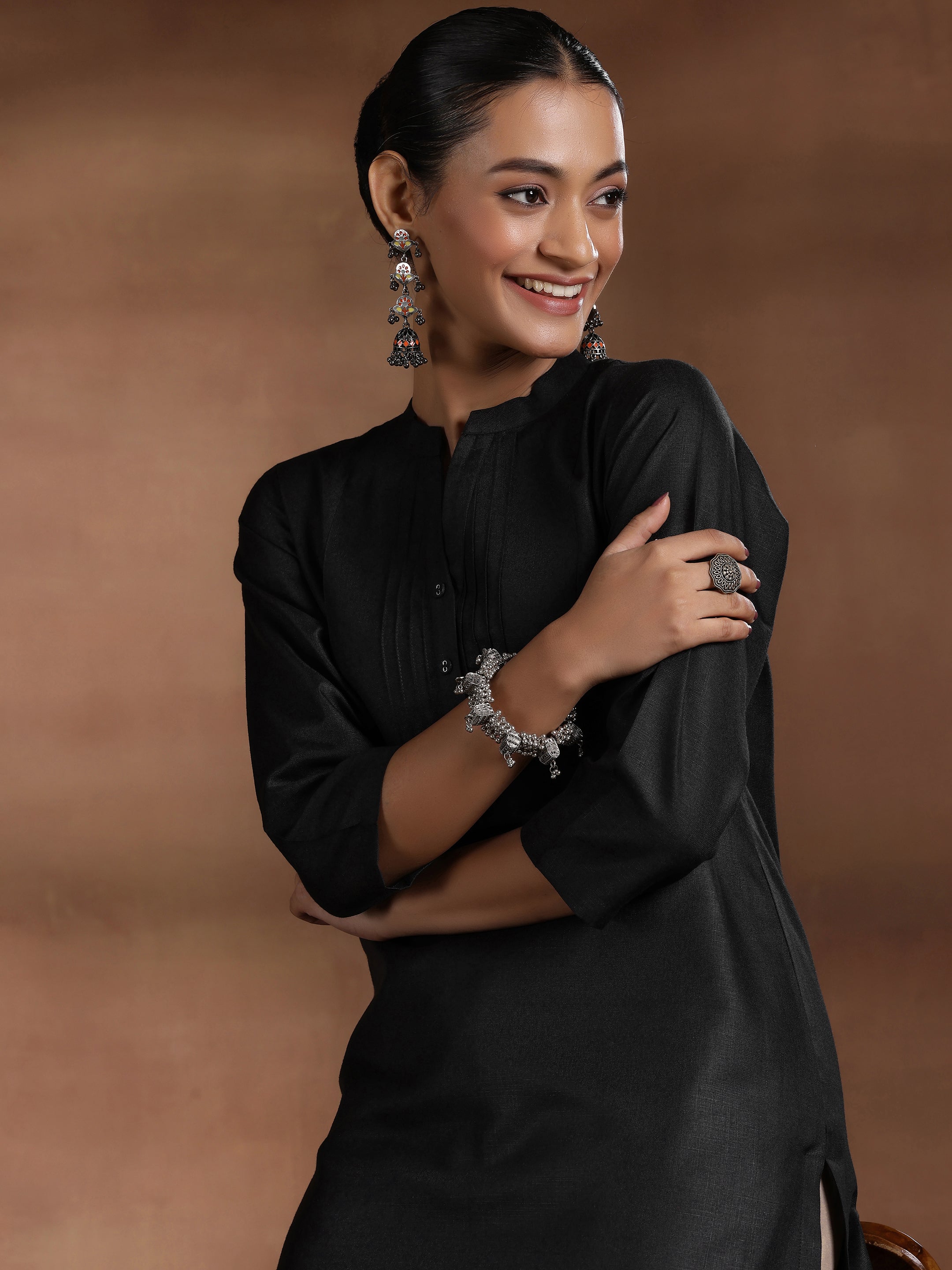 Black Solid Silk Straight Kurta