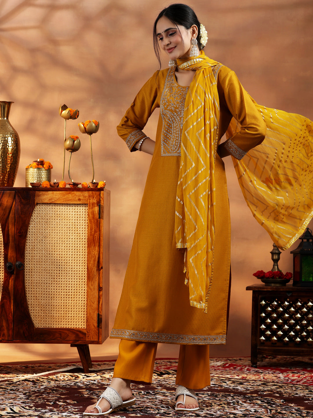 Mustard Embroidered Silk Blend A-Line Kurta With Trousers & Dupatta