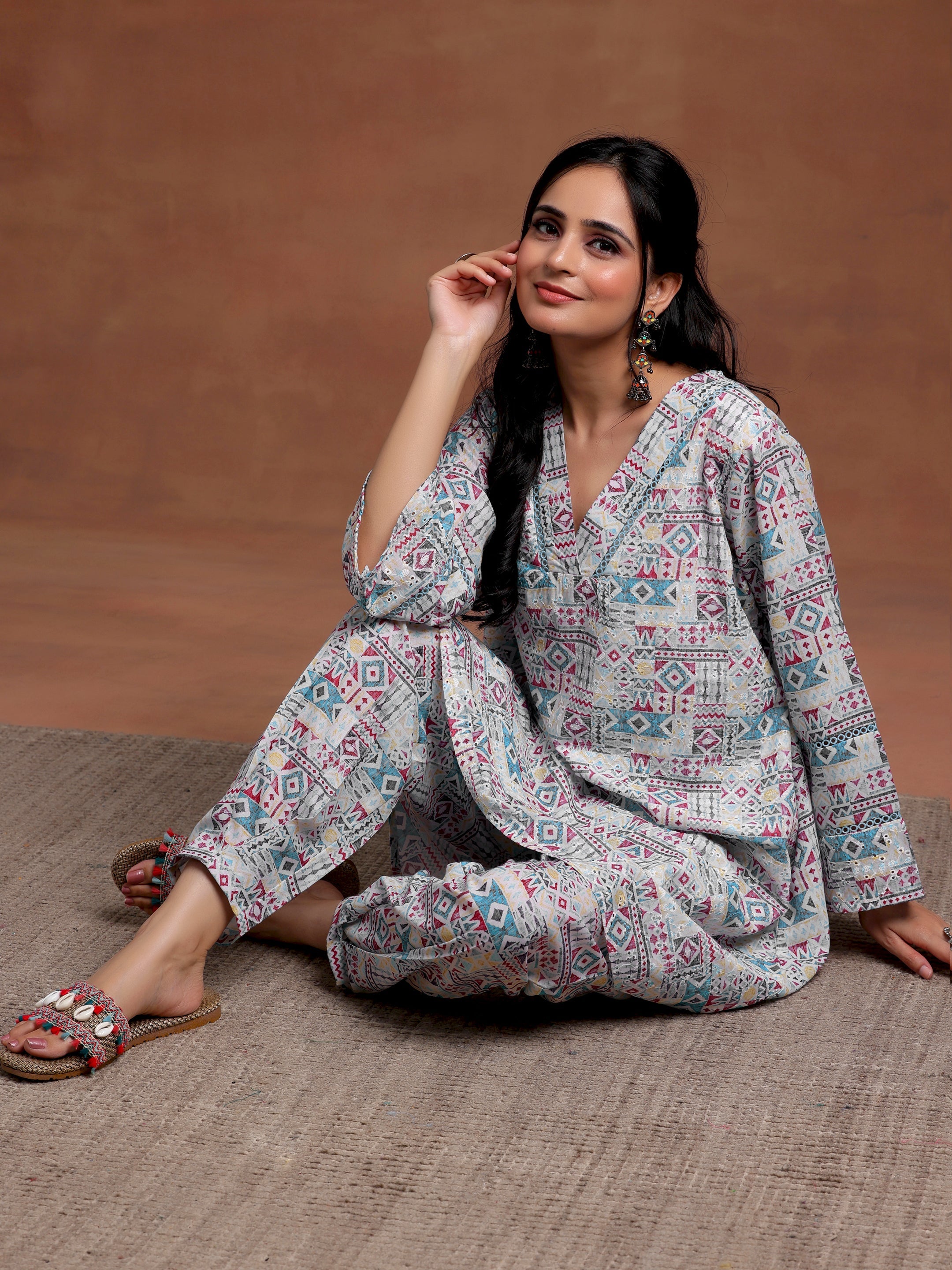 Blue Printed Cotton Straight Kurta Set