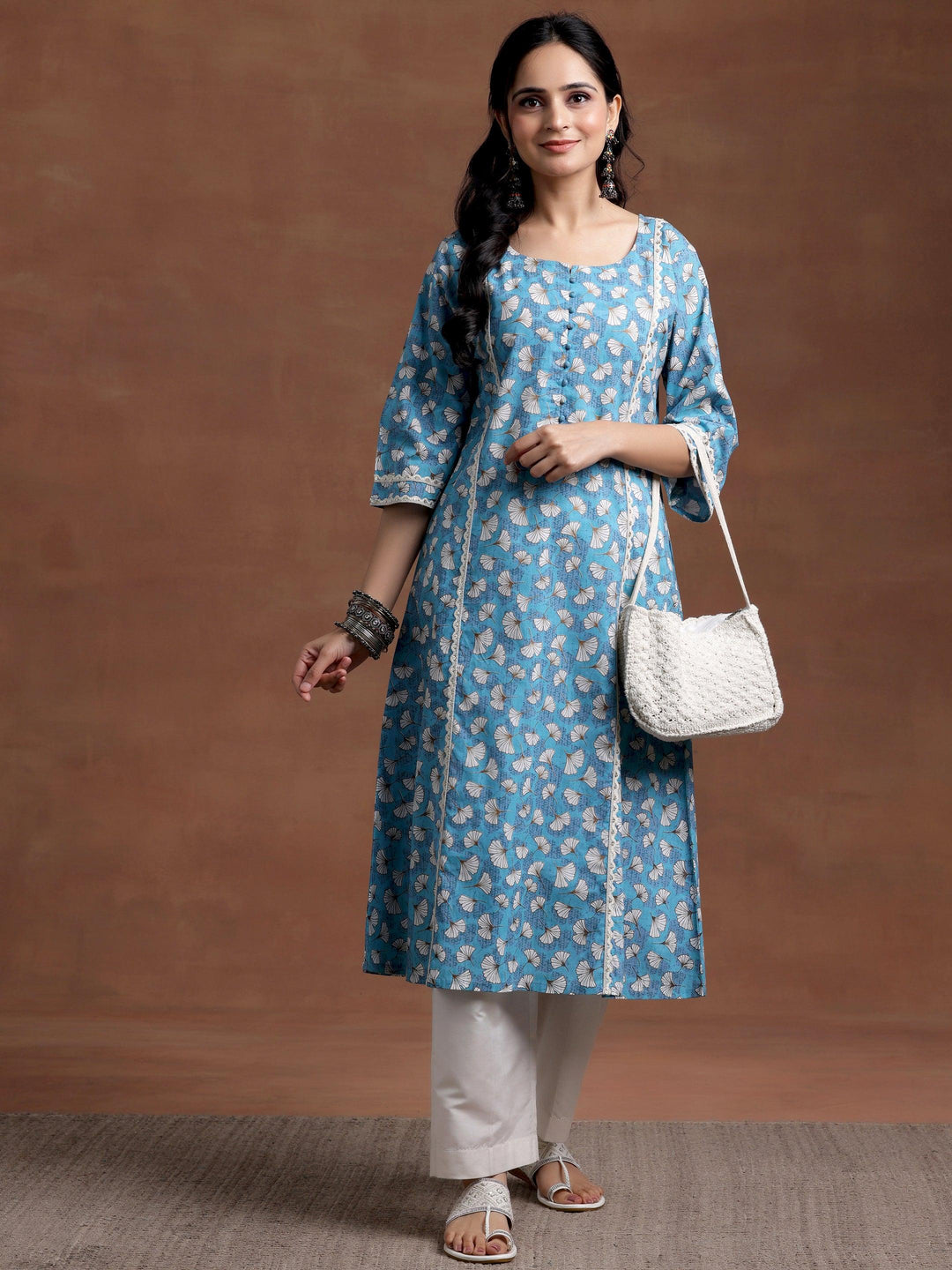 Blue Printed Cotton A-Line Kurta - Libas