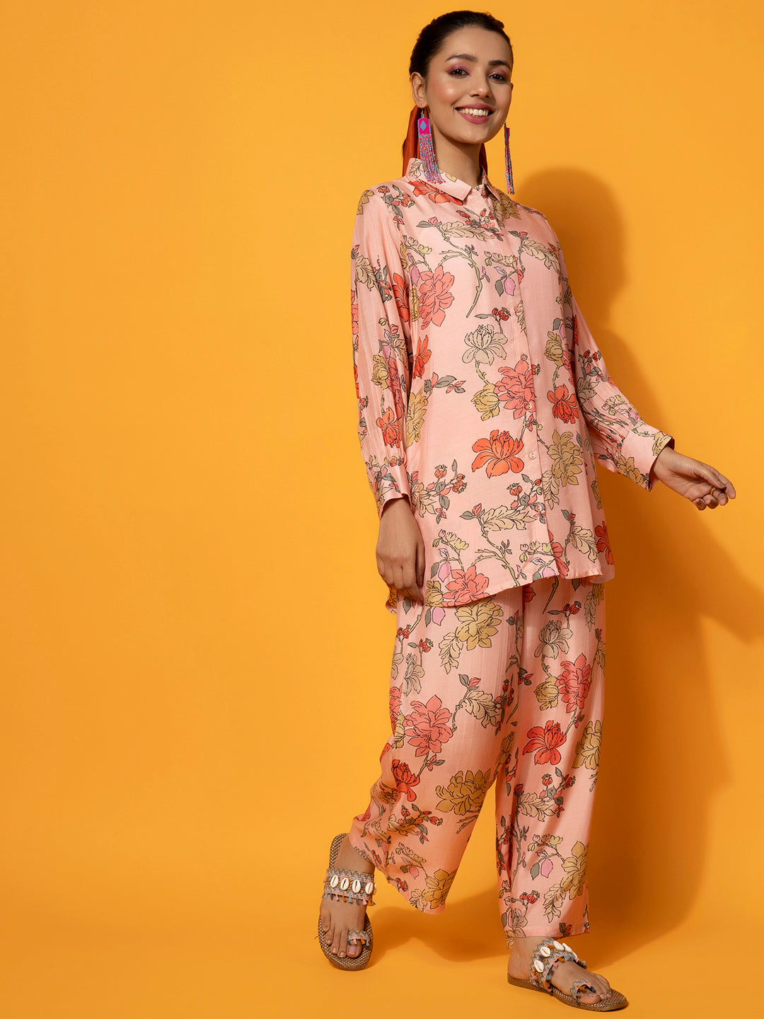 Peach Printed Silk Blend Co-Ords