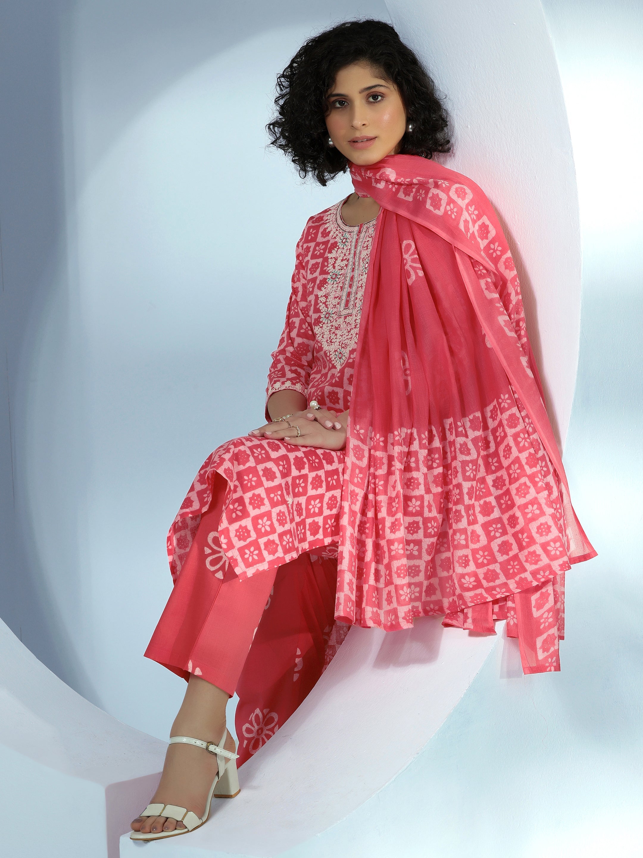 Coral Printed Cotton Straight Suit With Dupatta